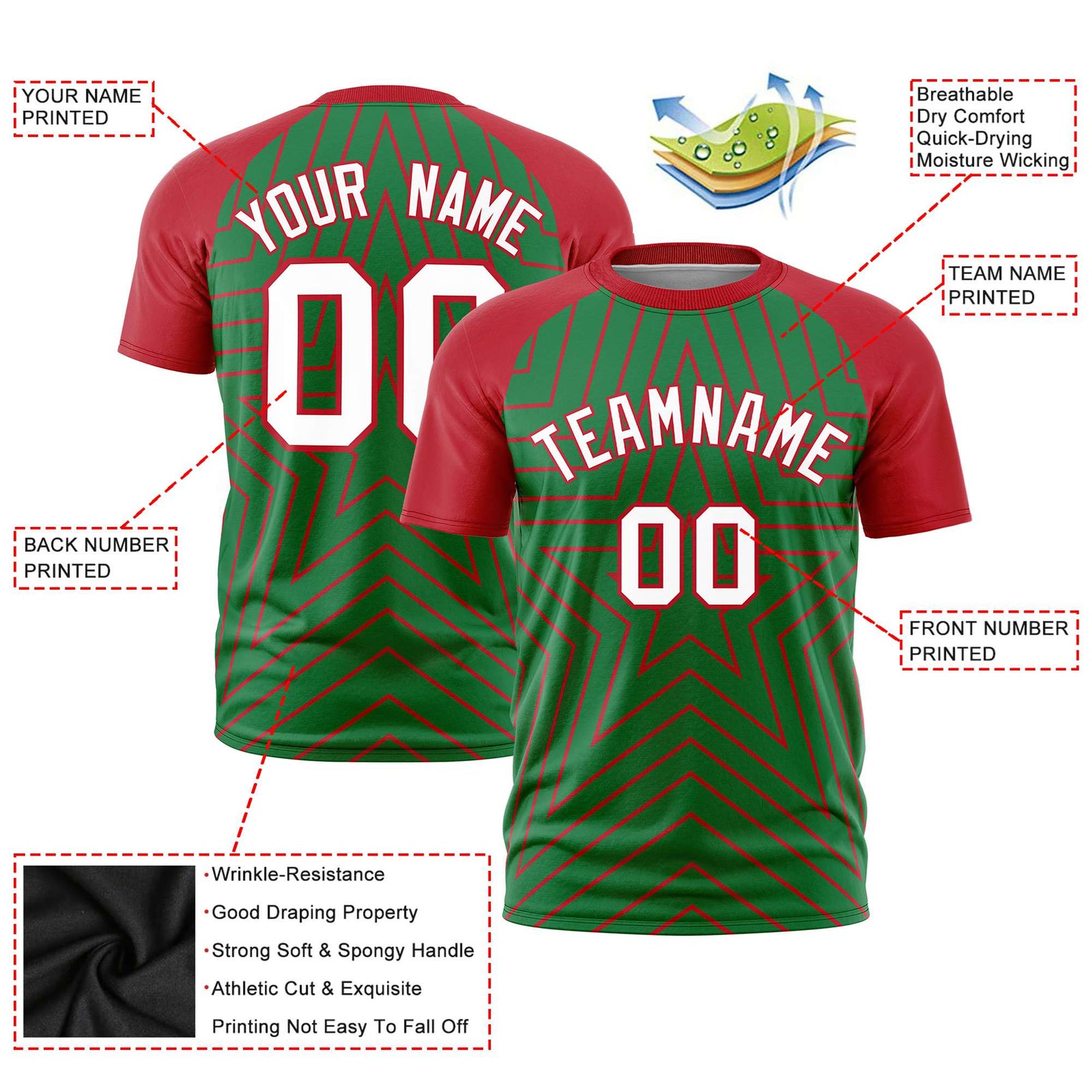 Custom Kelly Green Red Personalized Star Pattern Raglan Sleeves Performance T-Shirt