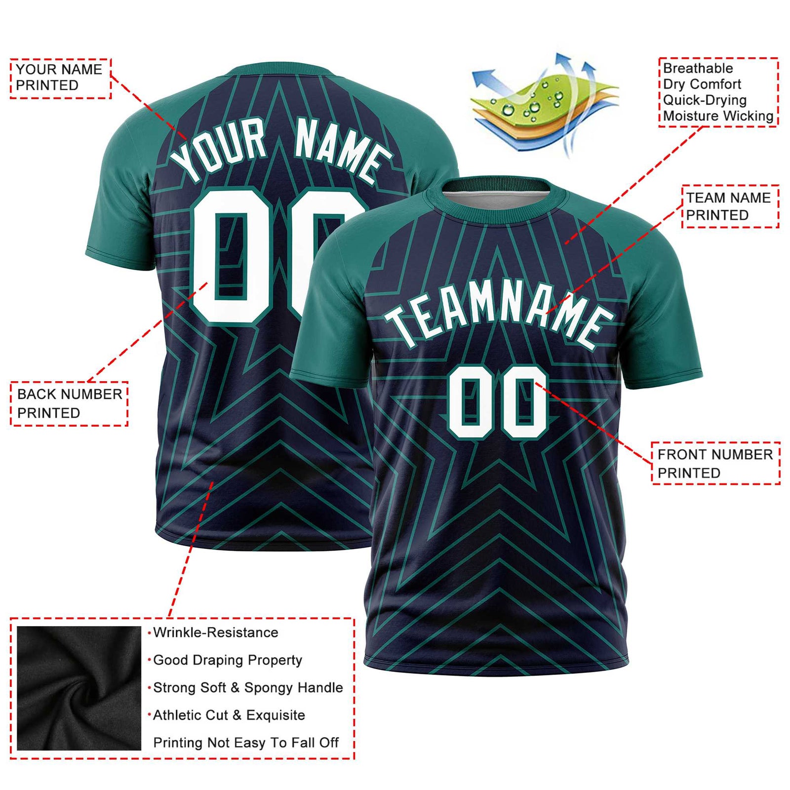 Custom Navy Aqua Personalized Star Pattern Raglan Sleeves Performance T-Shirt