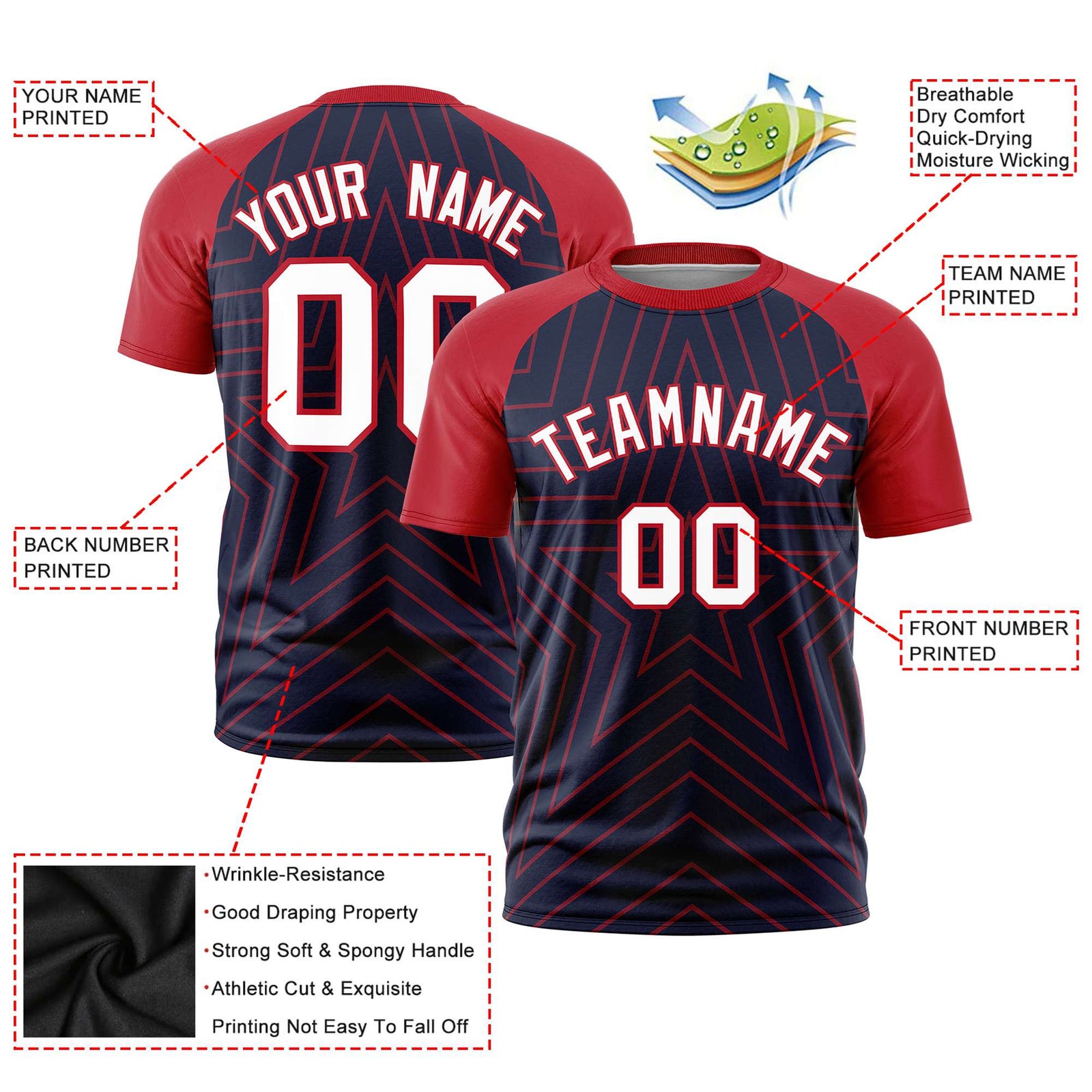 Custom Navy Red Personalized Star Pattern Raglan Sleeves Performance T-Shirt