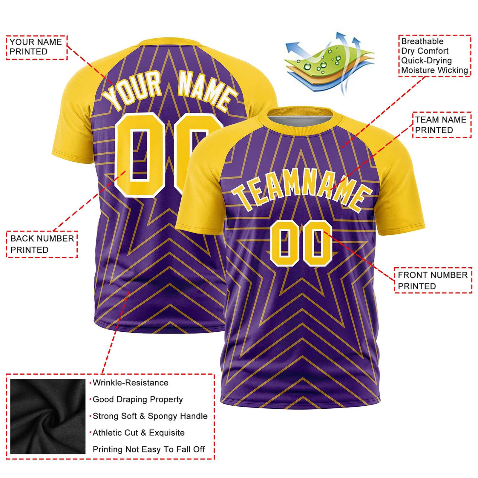 Custom Purple Gold Personalized Star Pattern Raglan Sleeves Performance T-Shirt