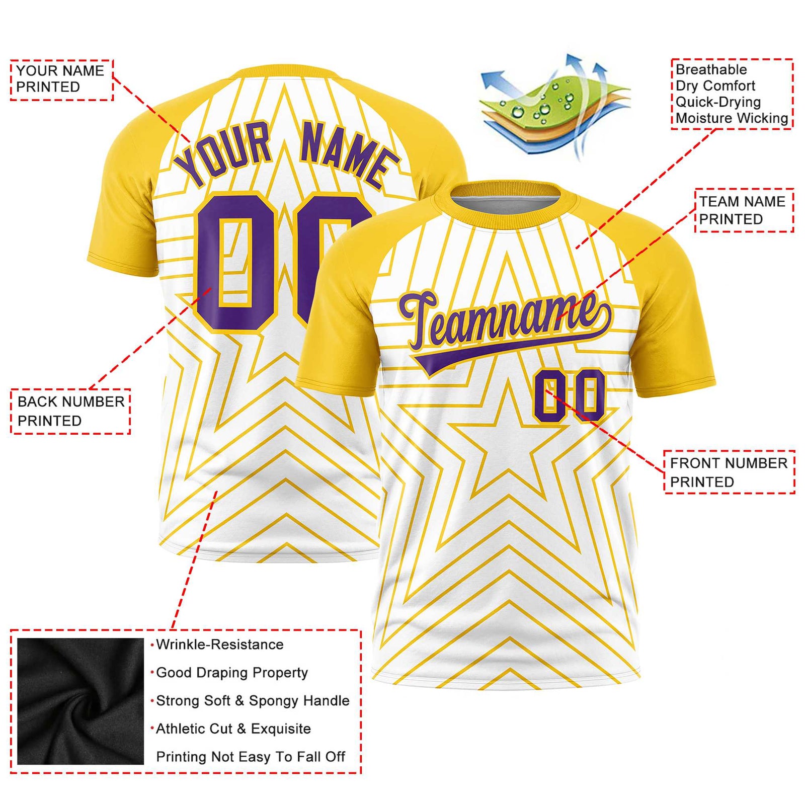 Custom White Gold Personalized Star Pattern Raglan Sleeves Performance T-Shirt