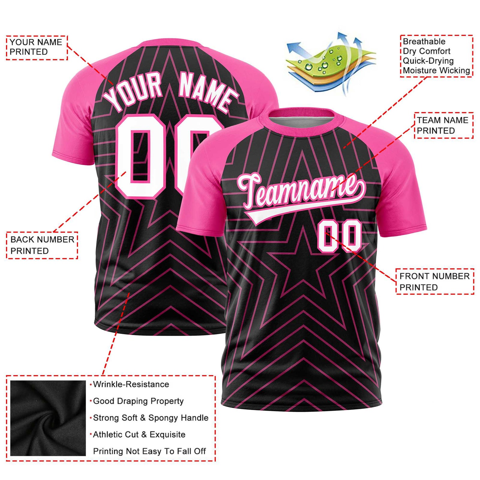 Custom Black Pink Personalized Star Pattern Raglan Sleeves Performance T-Shirt