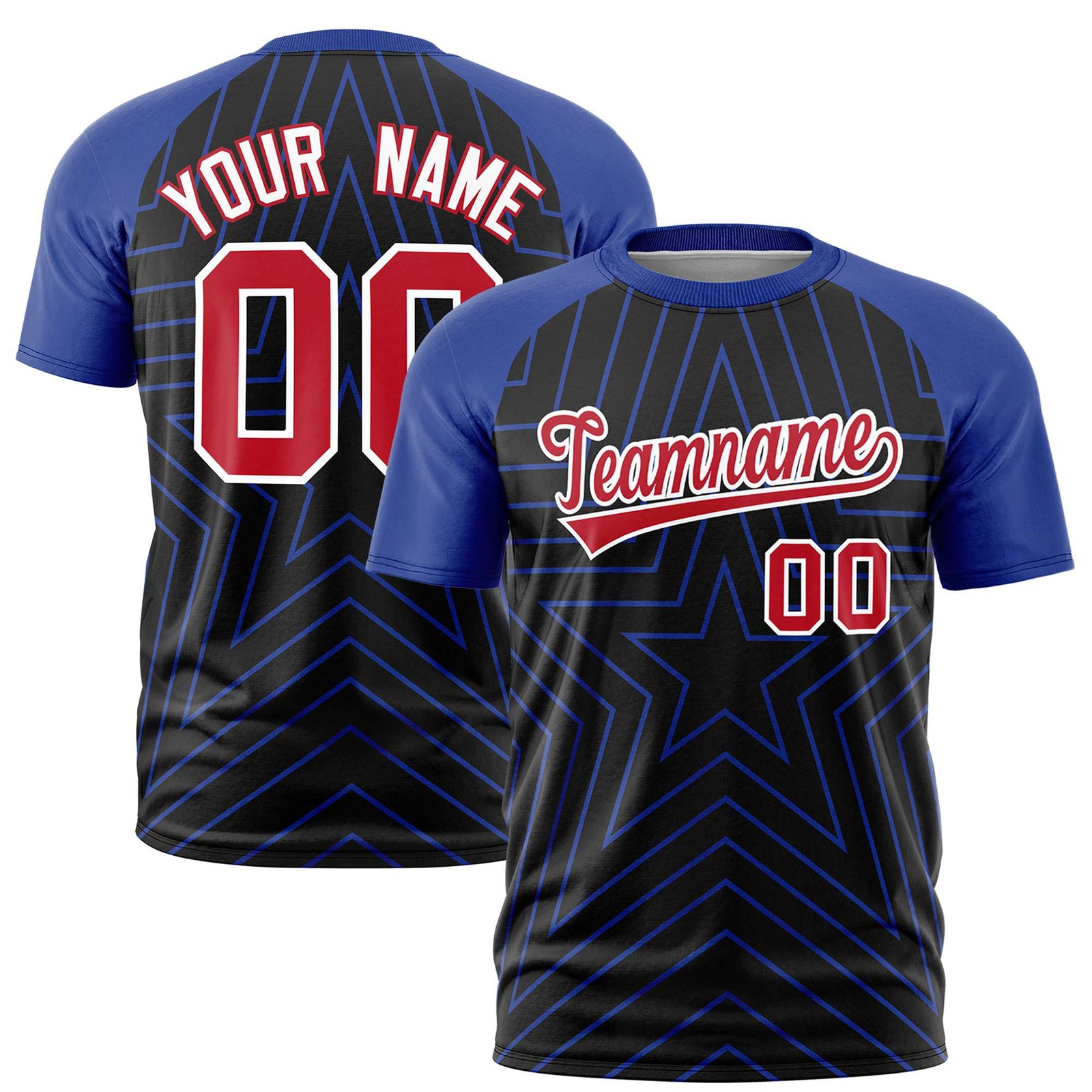 Custom Black Royal Blue Personalized Star Pattern Raglan Sleeves Performance T-Shirt