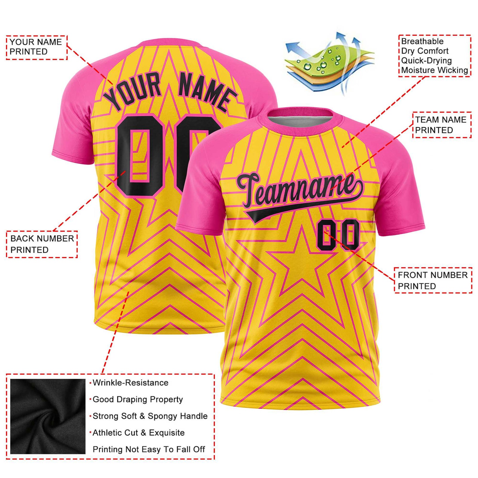 Custom Gold Pink Personalized Star Pattern Raglan Sleeves Performance T-Shirt