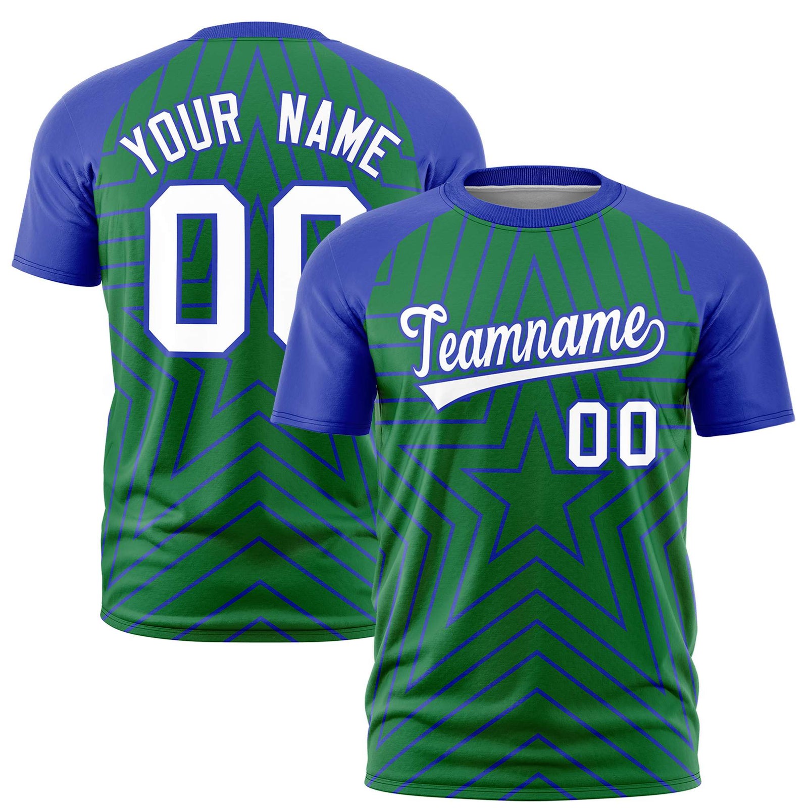 Custom Kelly Green Royal Blue Personalized Star Pattern Raglan Sleeves Performance T-Shirt