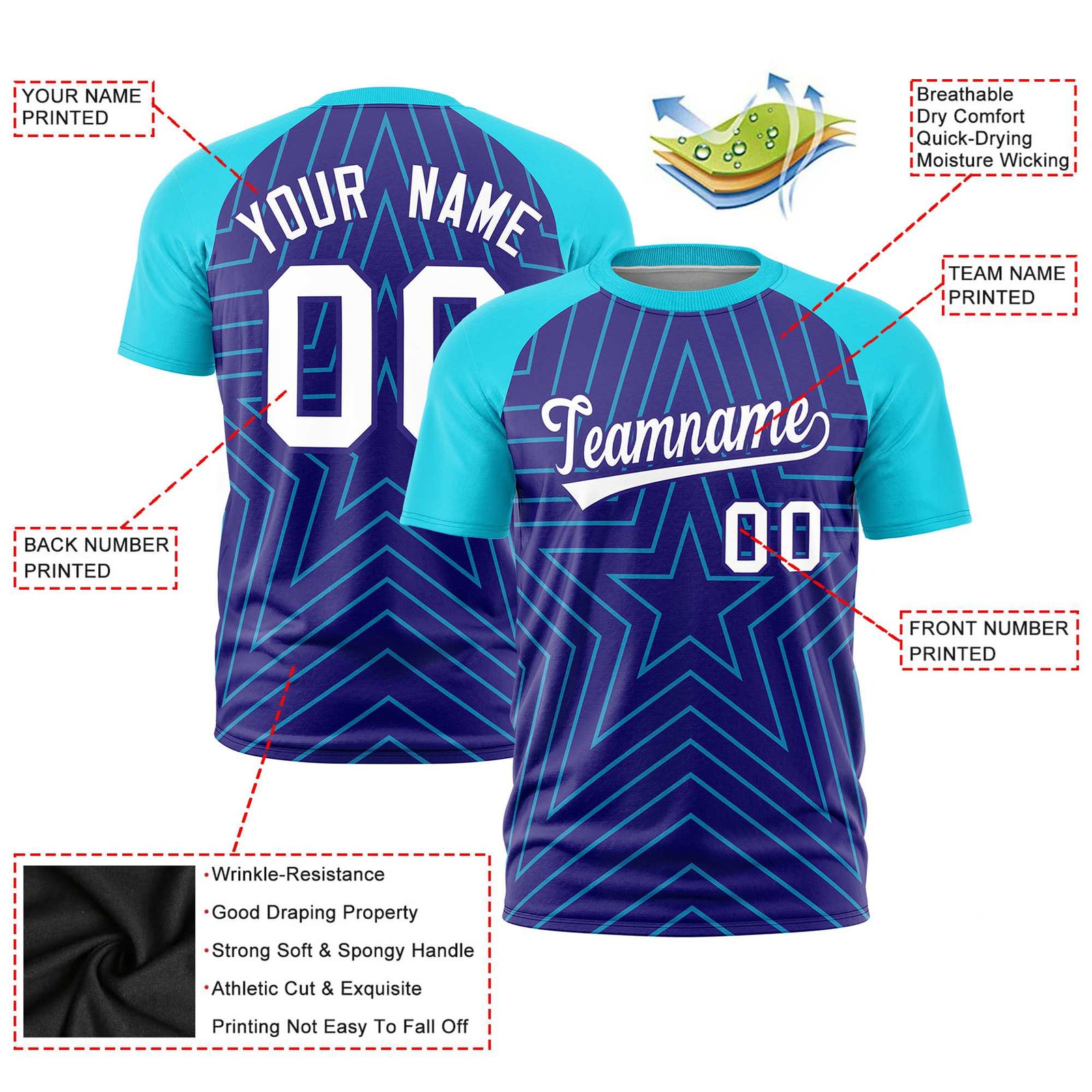 Custom Purple Sky Blue Personalized Star Pattern Raglan Sleeves Performance T-Shirt