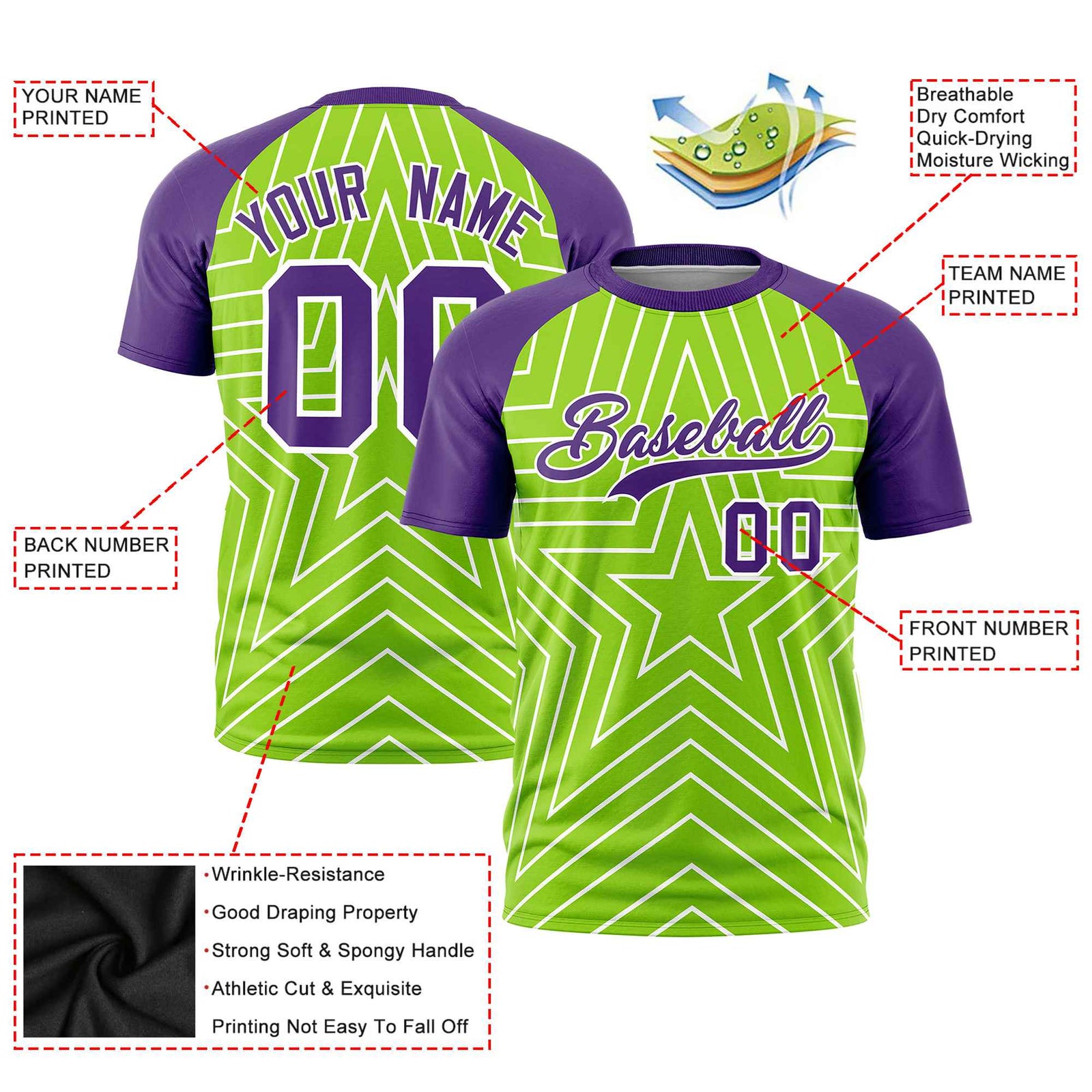 Custom Neon Green Purple Personalized Star Pattern Raglan Sleeves Performance T-Shirt