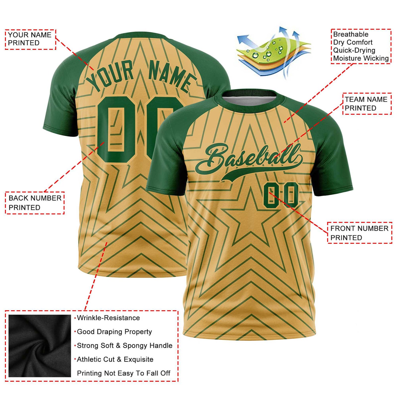 Custom Old Gold Green Personalized Star Pattern Raglan Sleeves Performance T-Shirt