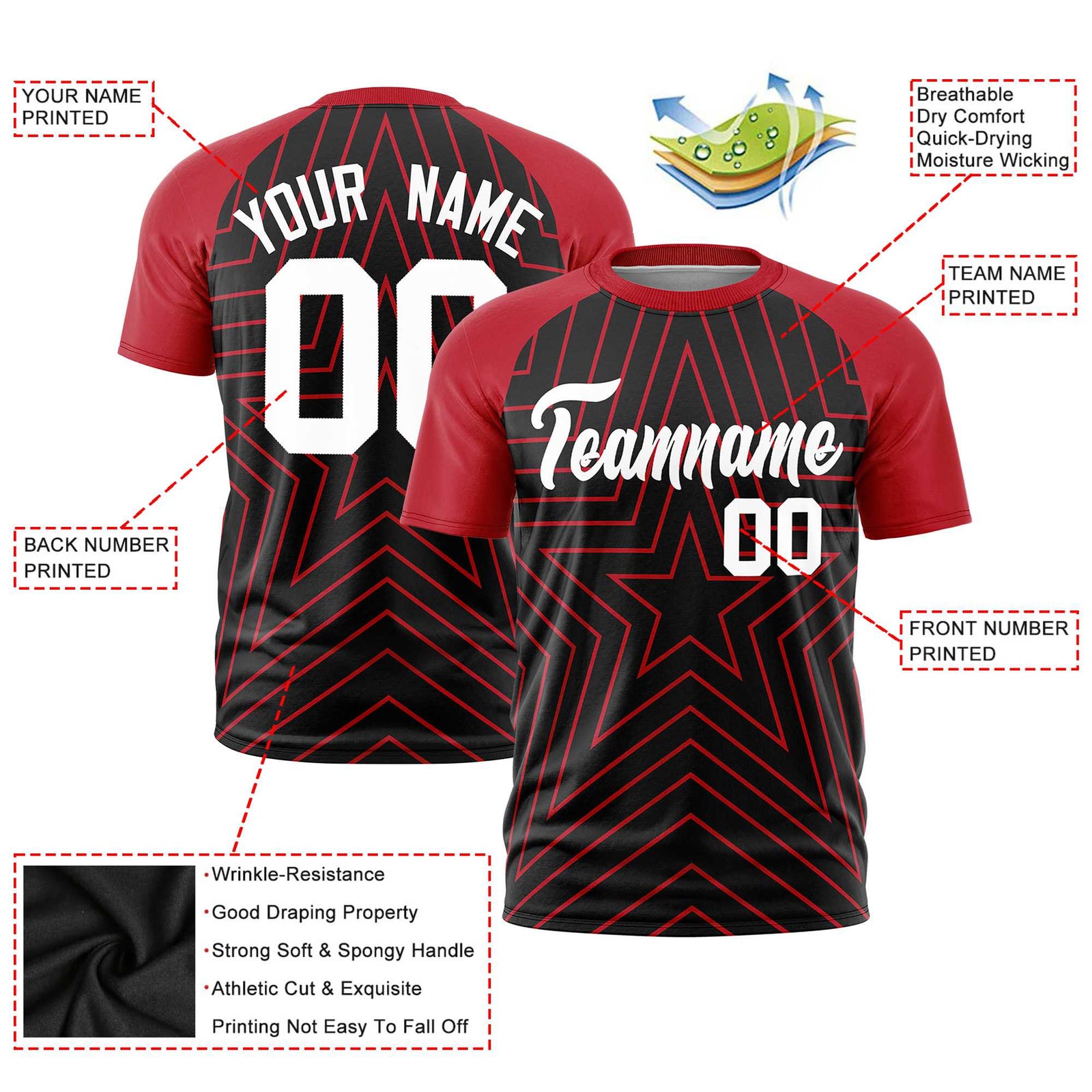 Custom Black Red Personalized Star Pattern Raglan Sleeves Performance T-Shirt
