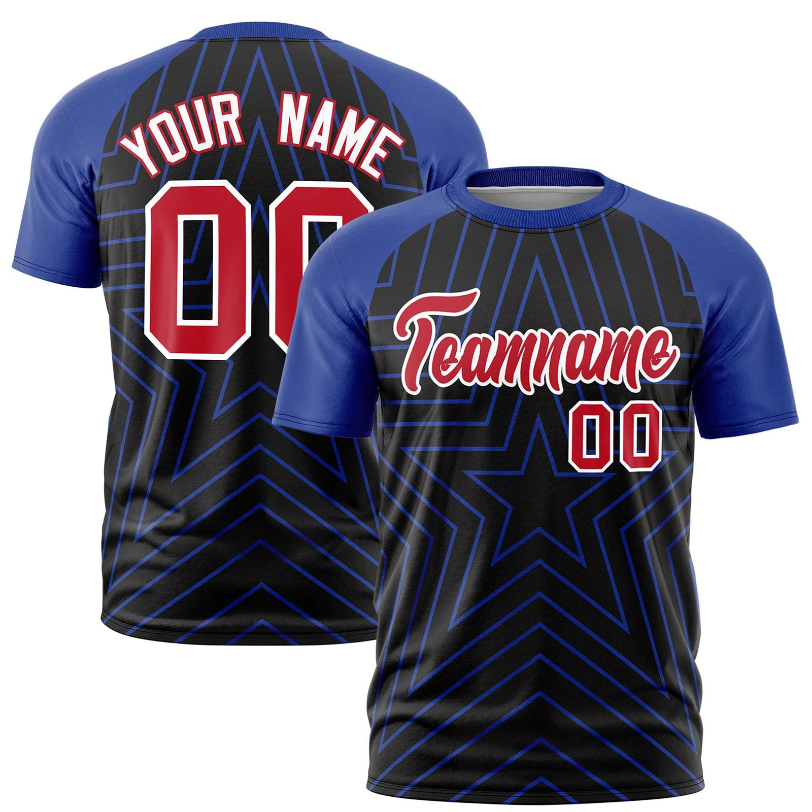 Custom Black Royal Blue Personalized Star Pattern Raglan Sleeves Performance T-Shirt