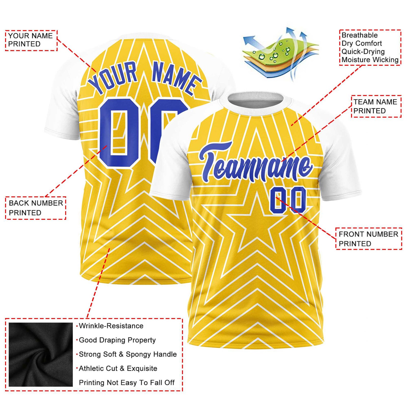 Custom Gold White Personalized Star Pattern Raglan Sleeves Performance T-Shirt