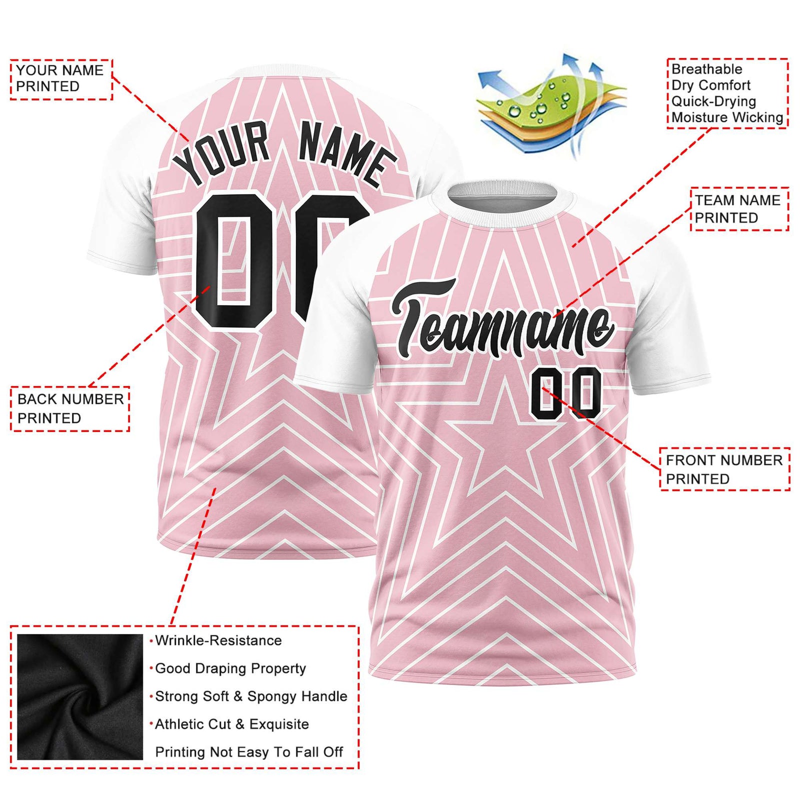 Custom Light Pink White Personalized Star Pattern Raglan Sleeves Performance T-Shirt