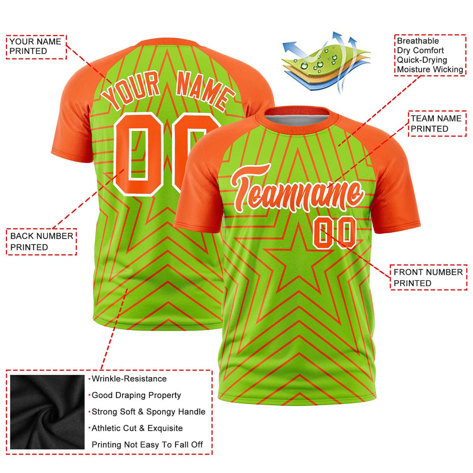 Custom Neon Green Orange Personalized Star Pattern Raglan Sleeves Performance T-Shirt