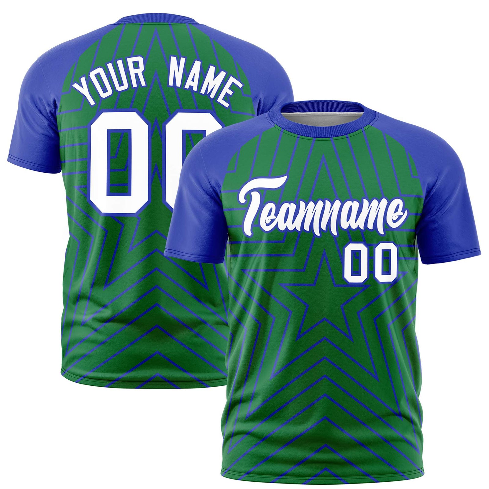 Custom Kelly Green Royal Blue Personalized Star Pattern Raglan Sleeves Performance T-Shirt
