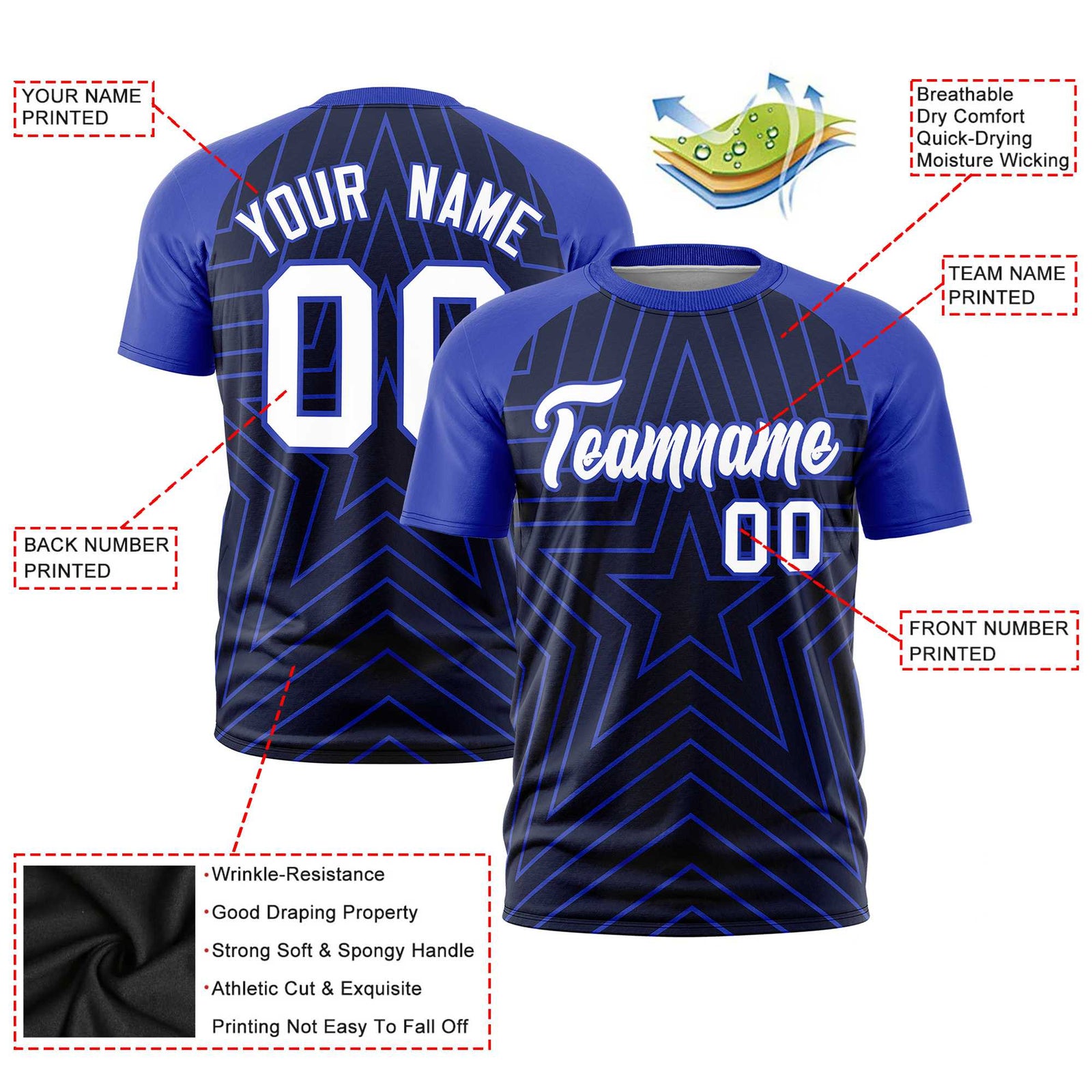 Custom Navy Royal Blue Personalized Star Pattern Raglan Sleeves Performance T-Shirt