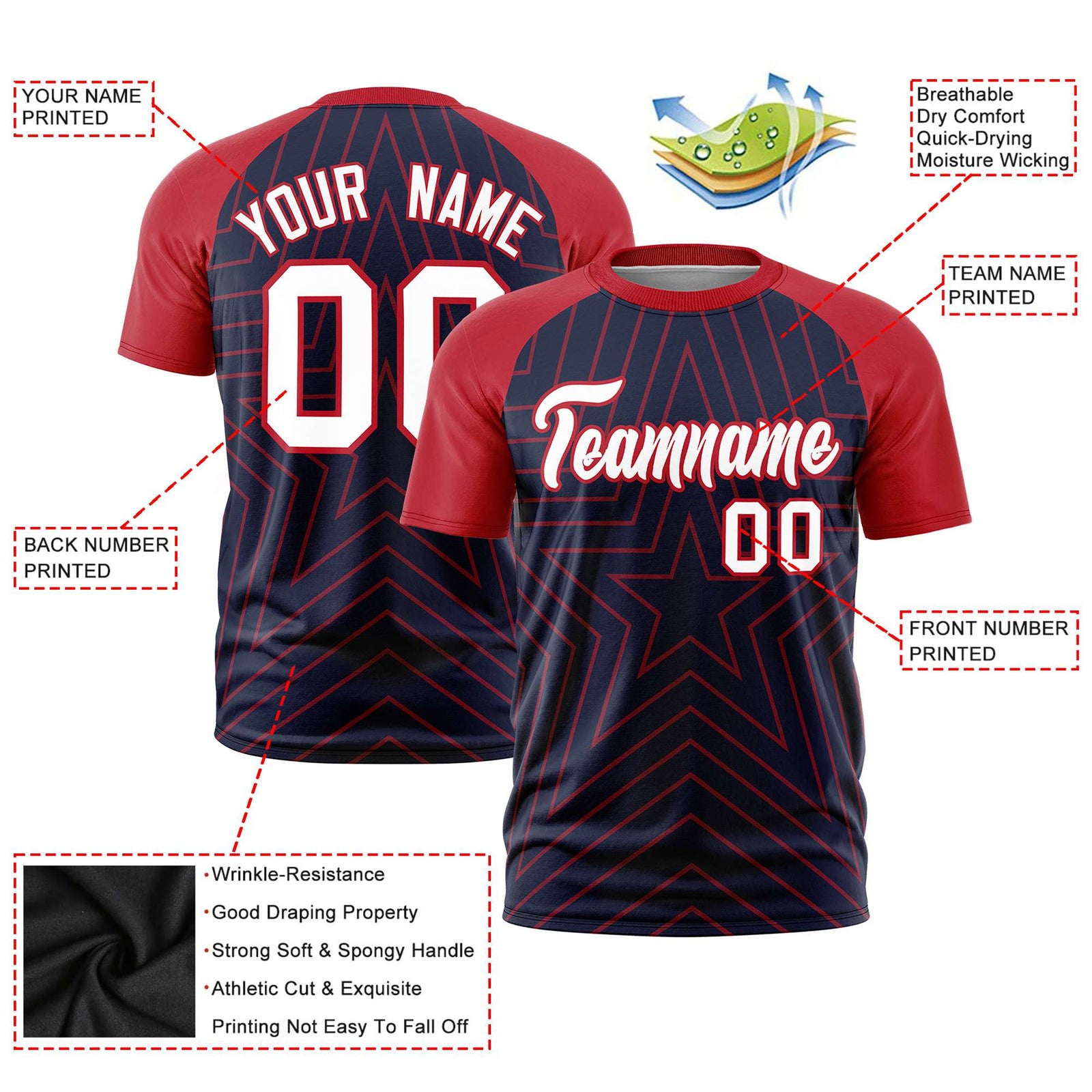 Custom Navy Red Personalized Star Pattern Raglan Sleeves Performance T-Shirt