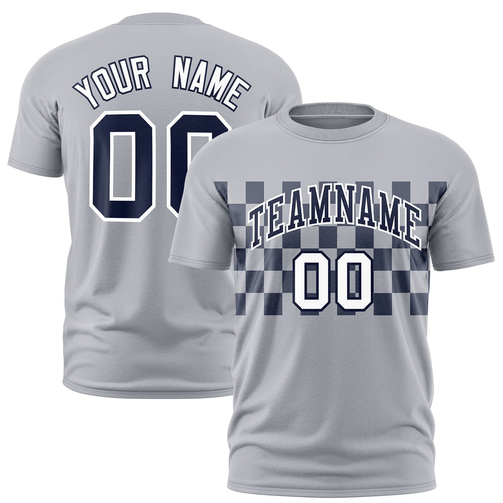 Custom Gray Navy Crew neck Plaid Pattern Personalized Performance T-Shirt