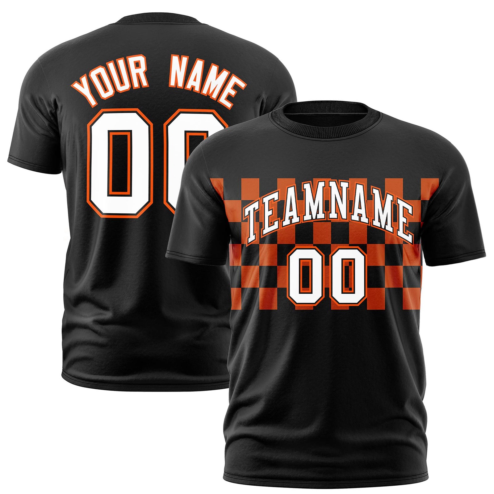 Custom Black Orange Crew neck Plaid Pattern Personalized Performance T-Shirt