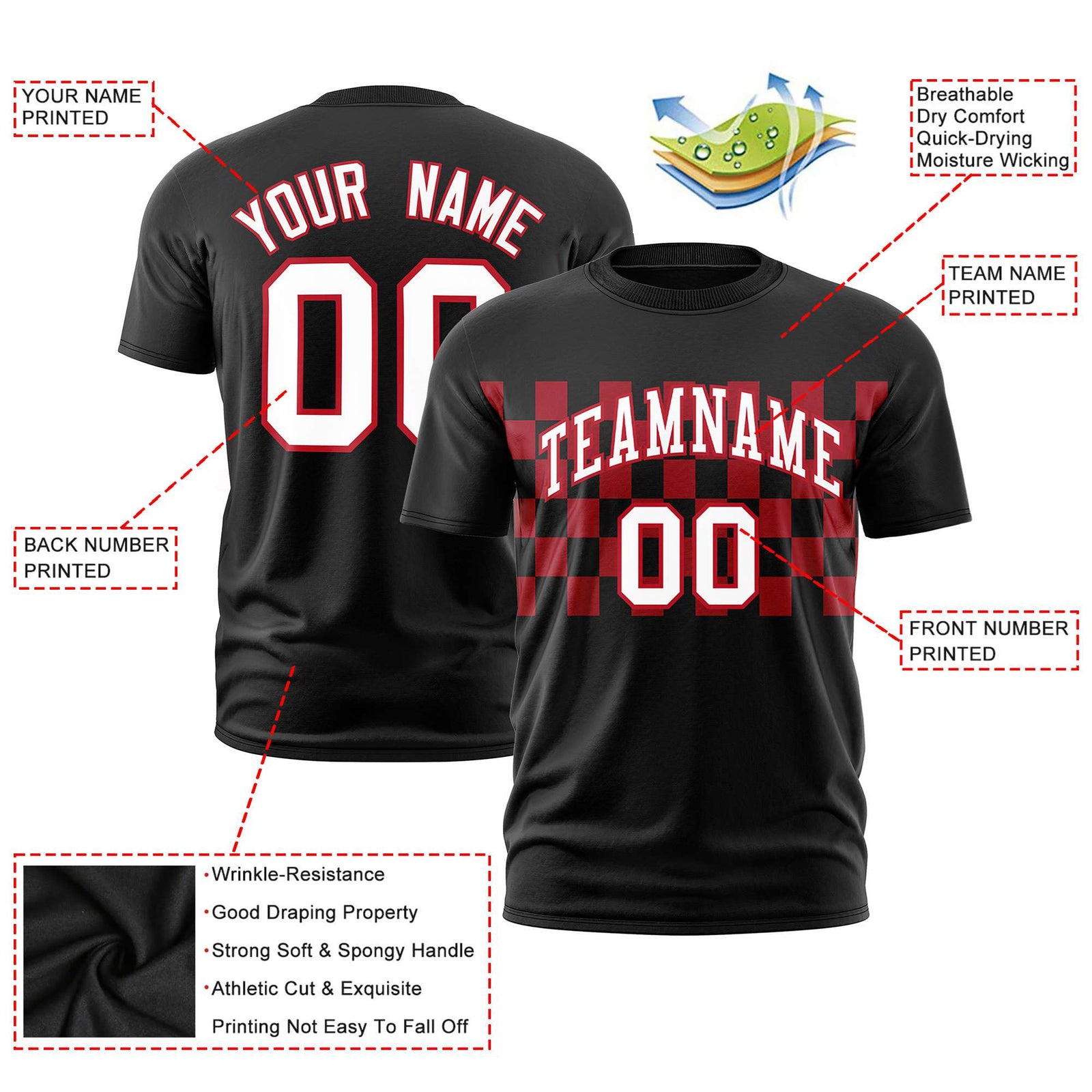 Custom Black Red Crew neck Plaid Pattern Personalized Performance T-Shirt