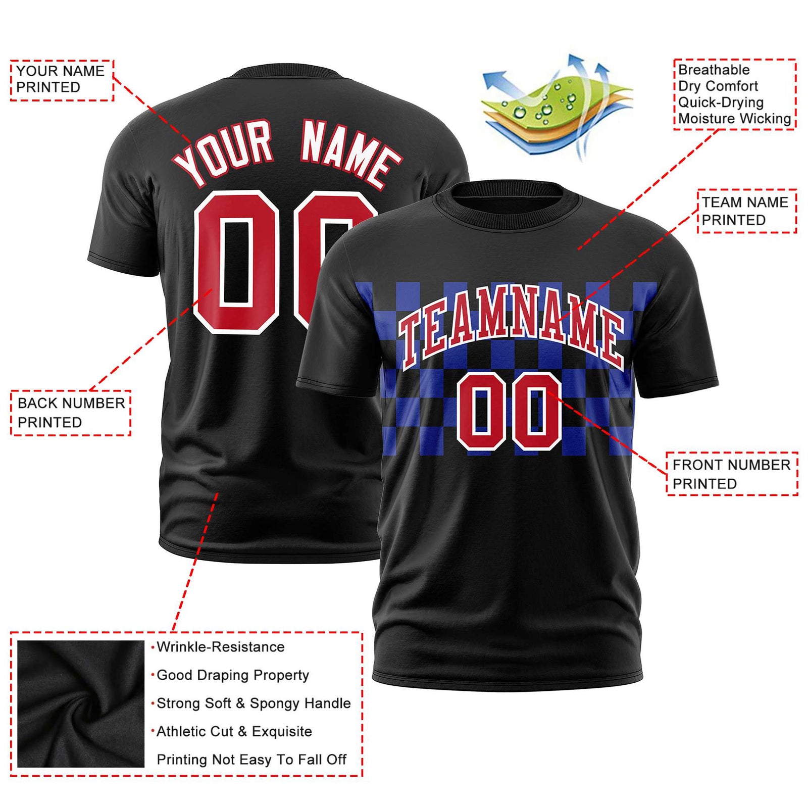 Custom Black Royal Blue Crew neck Plaid Pattern Personalized Performance T-Shirt