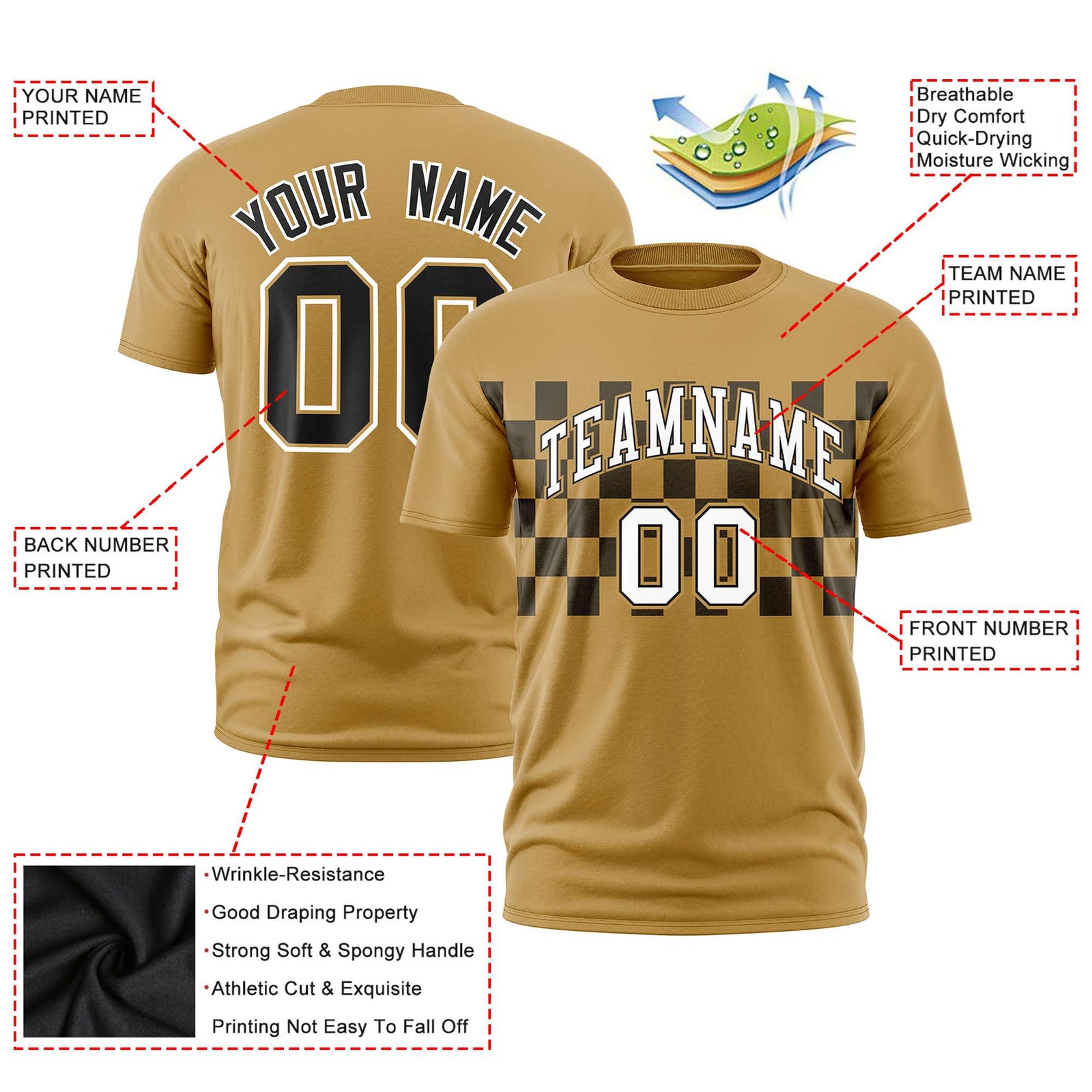 Custom Old Gold Black Crew neck Plaid Pattern Personalized Performance T-Shirt