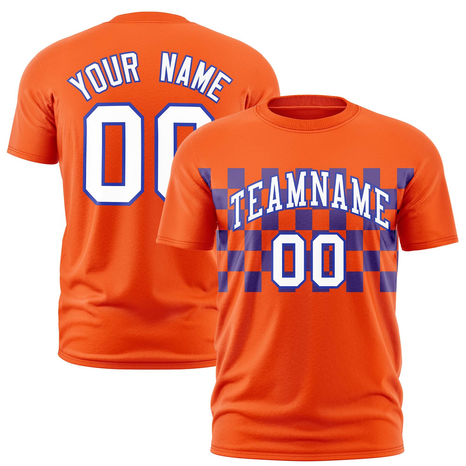 Custom Orange Purple Crew neck Plaid Pattern Personalized Performance T-Shirt