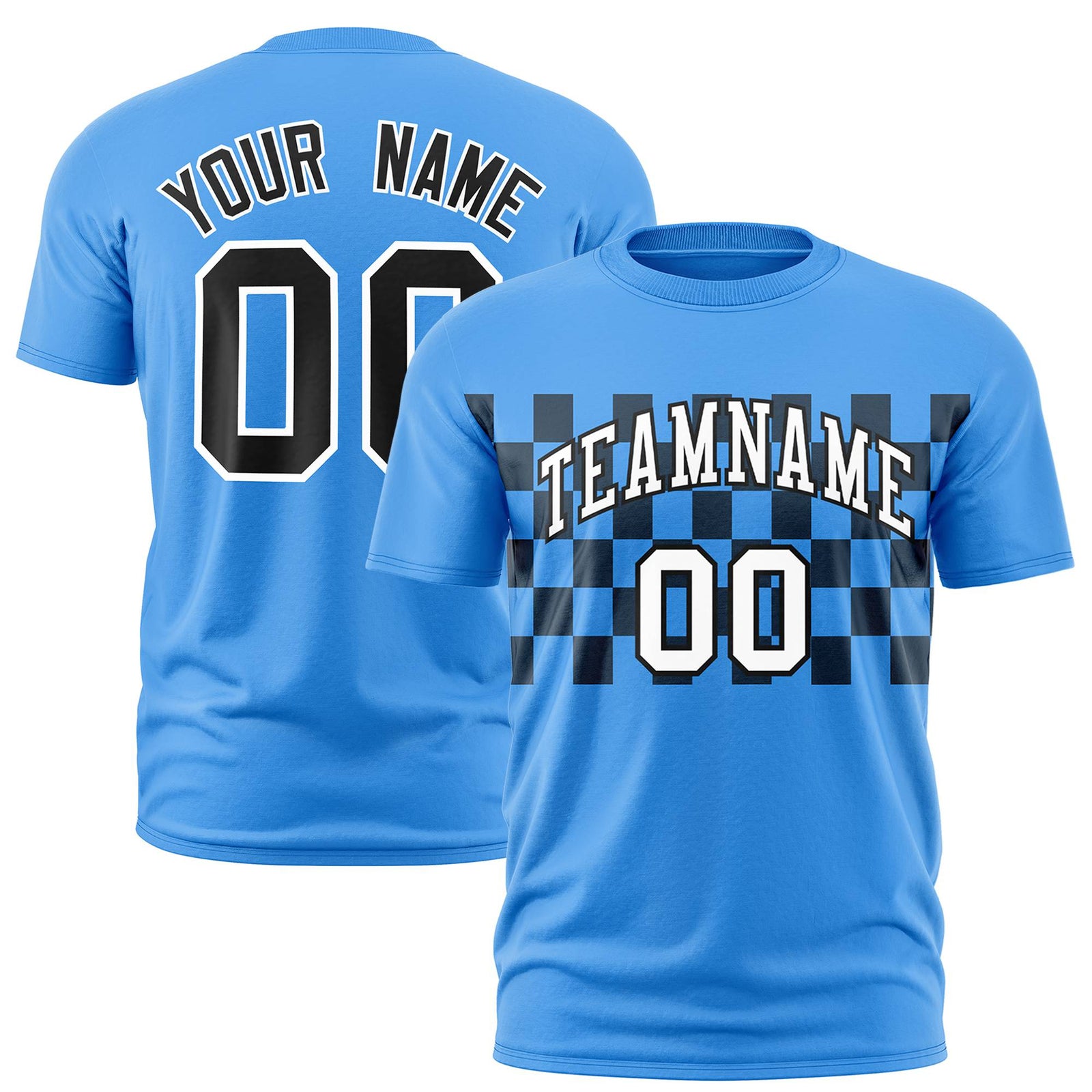 Custom Powder Blue Black Crew neck Plaid Pattern Personalized Performance T-Shirt