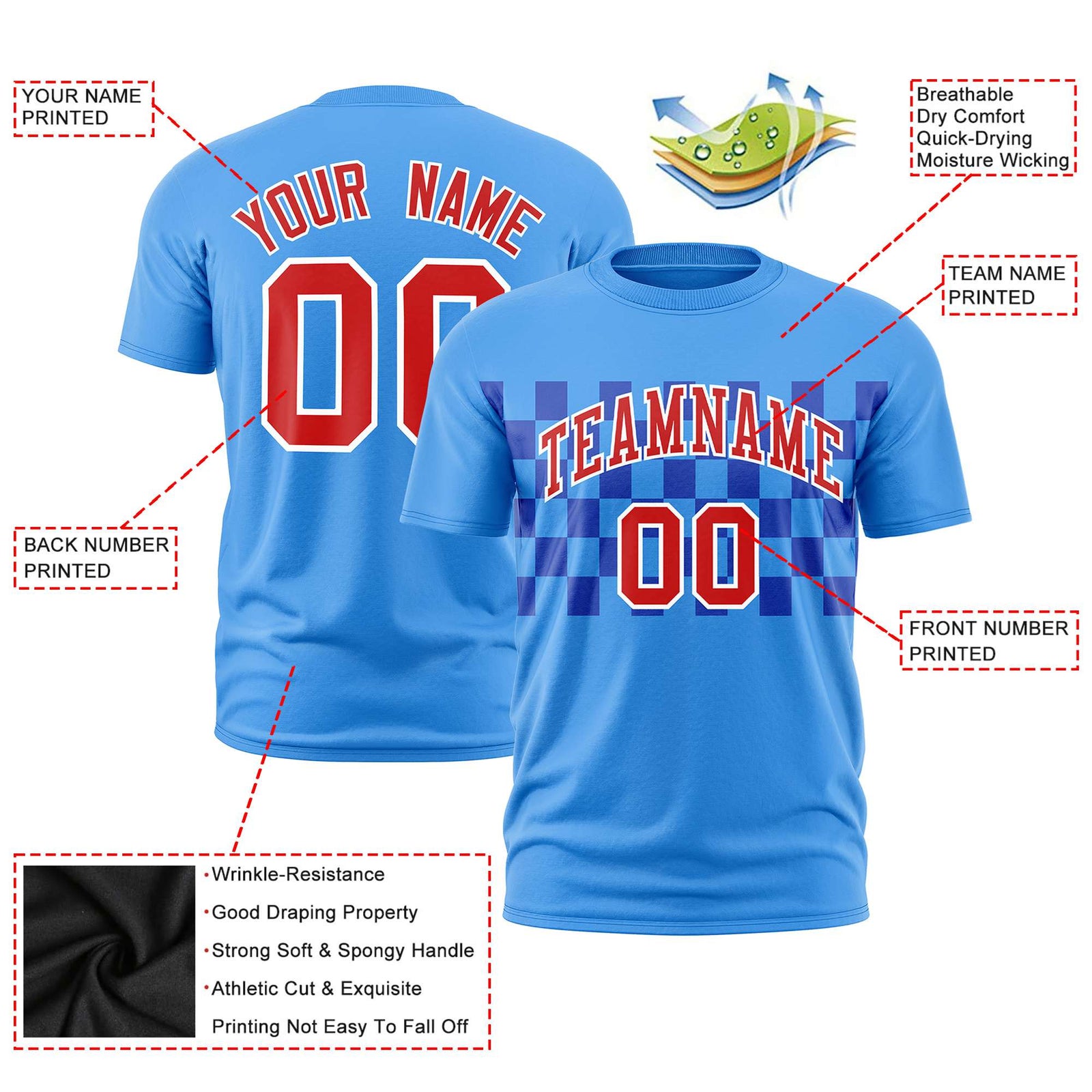 Custom Powder Blue Red Crew neck Plaid Pattern Personalized Performance T-Shirt