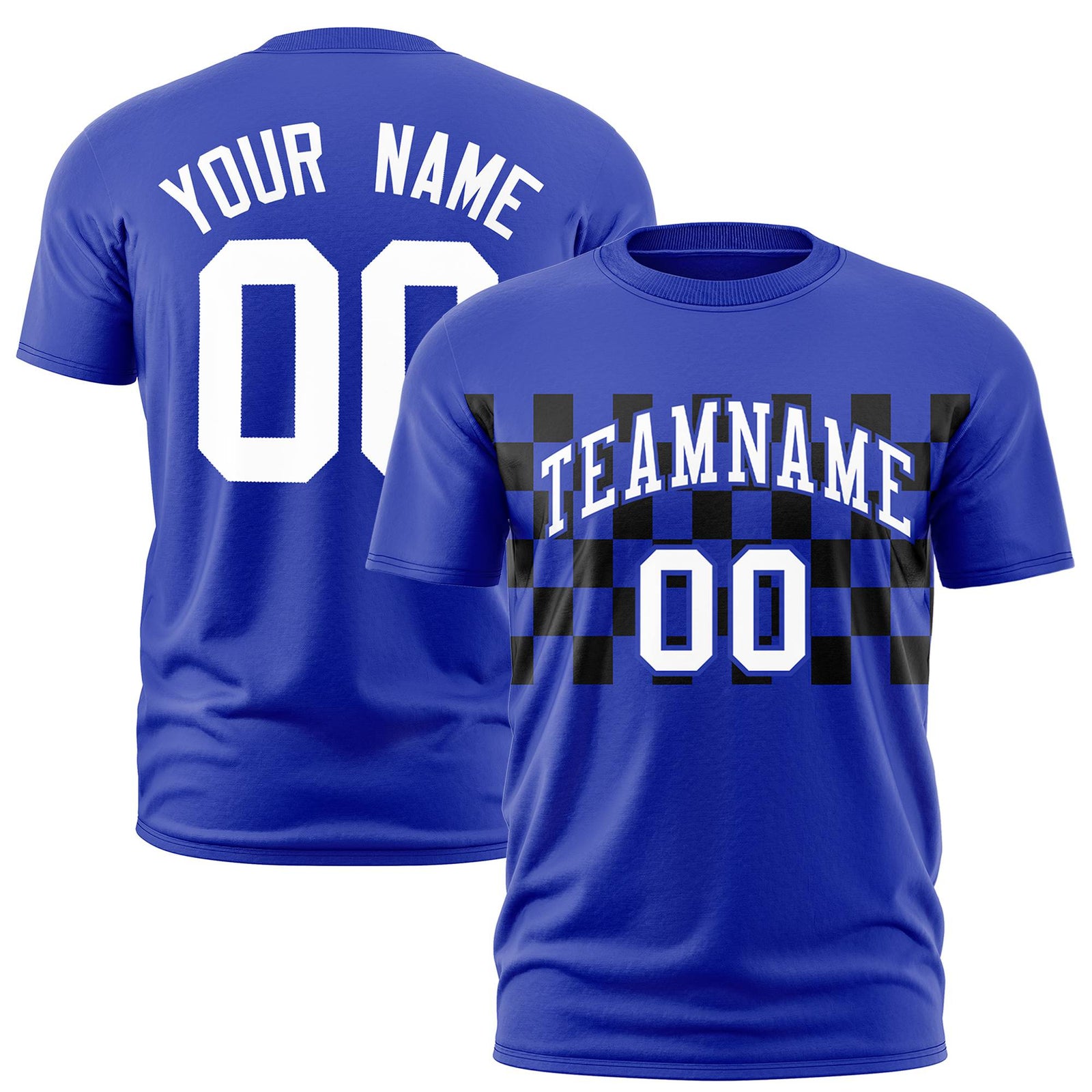 Custom Royal Blue Black Crew neck Plaid Pattern Personalized Performance T-Shirt