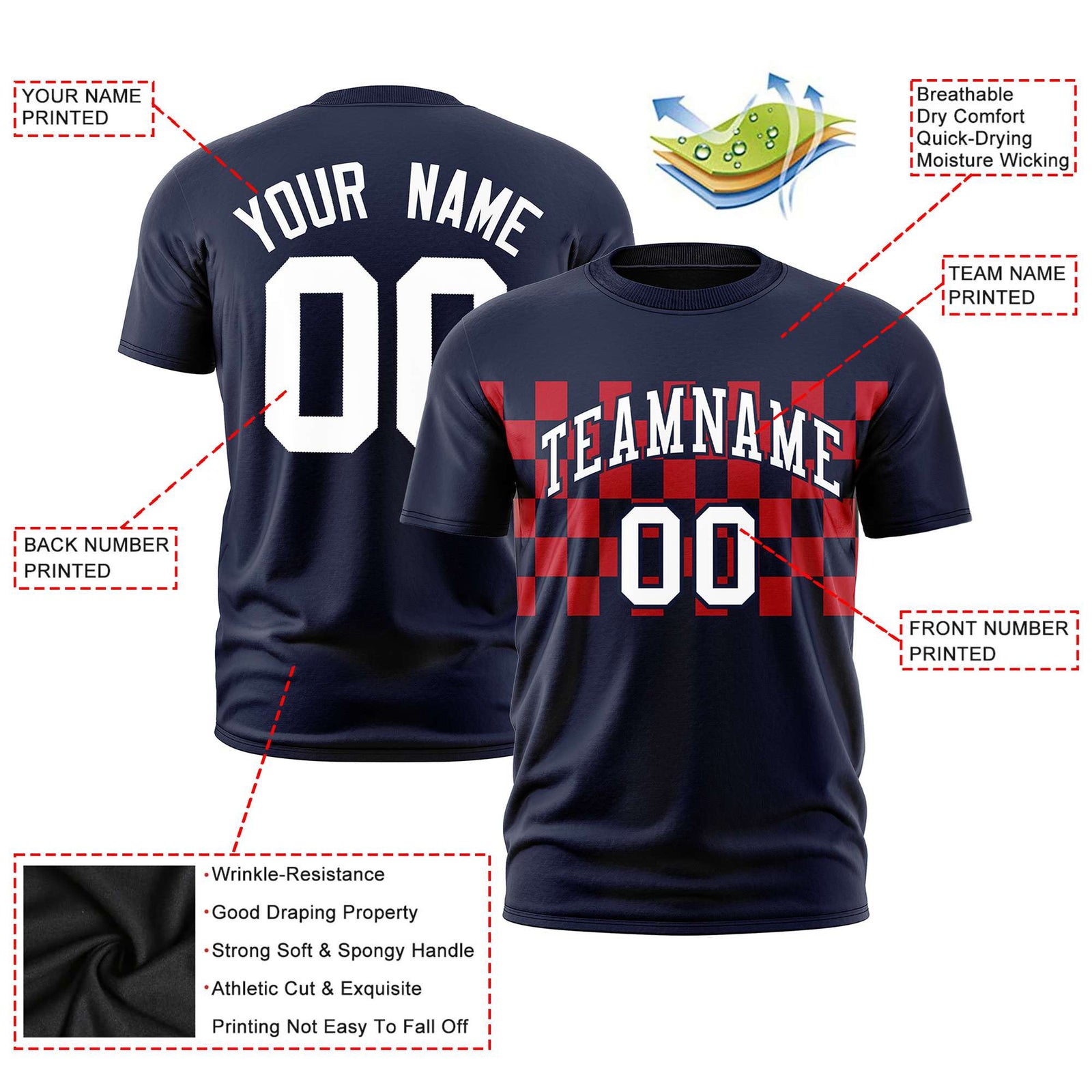 Custom Navy Red Crew neck Plaid Pattern Personalized Performance T-Shirt