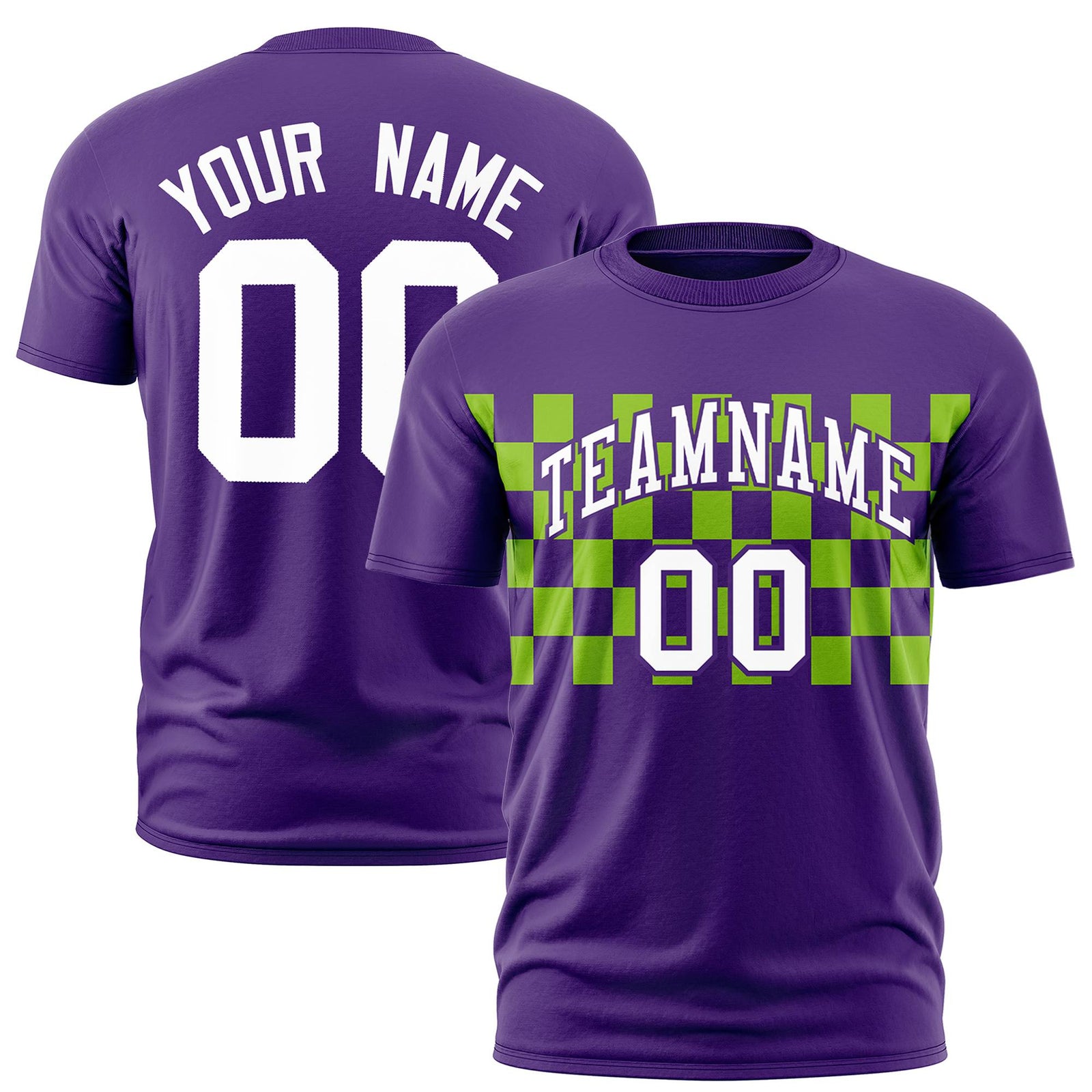 Custom Purple Neon Green Crew neck Plaid Pattern Personalized Performance T-Shirt
