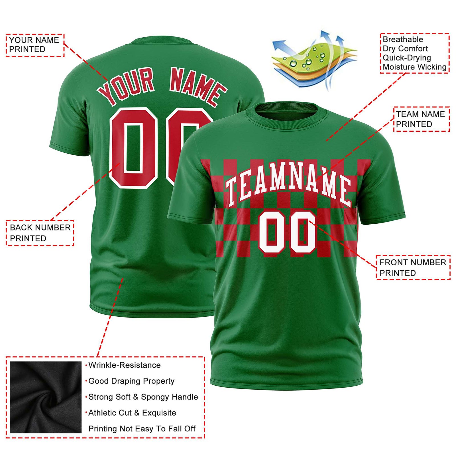 Custom Kelly Green Red Crew neck Plaid Pattern Personalized Performance T-Shirt