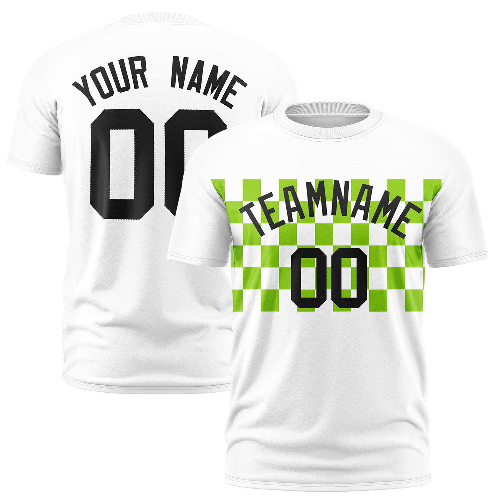 Custom White Neon Green Crew neck Plaid Pattern Personalized Performance T-Shirt
