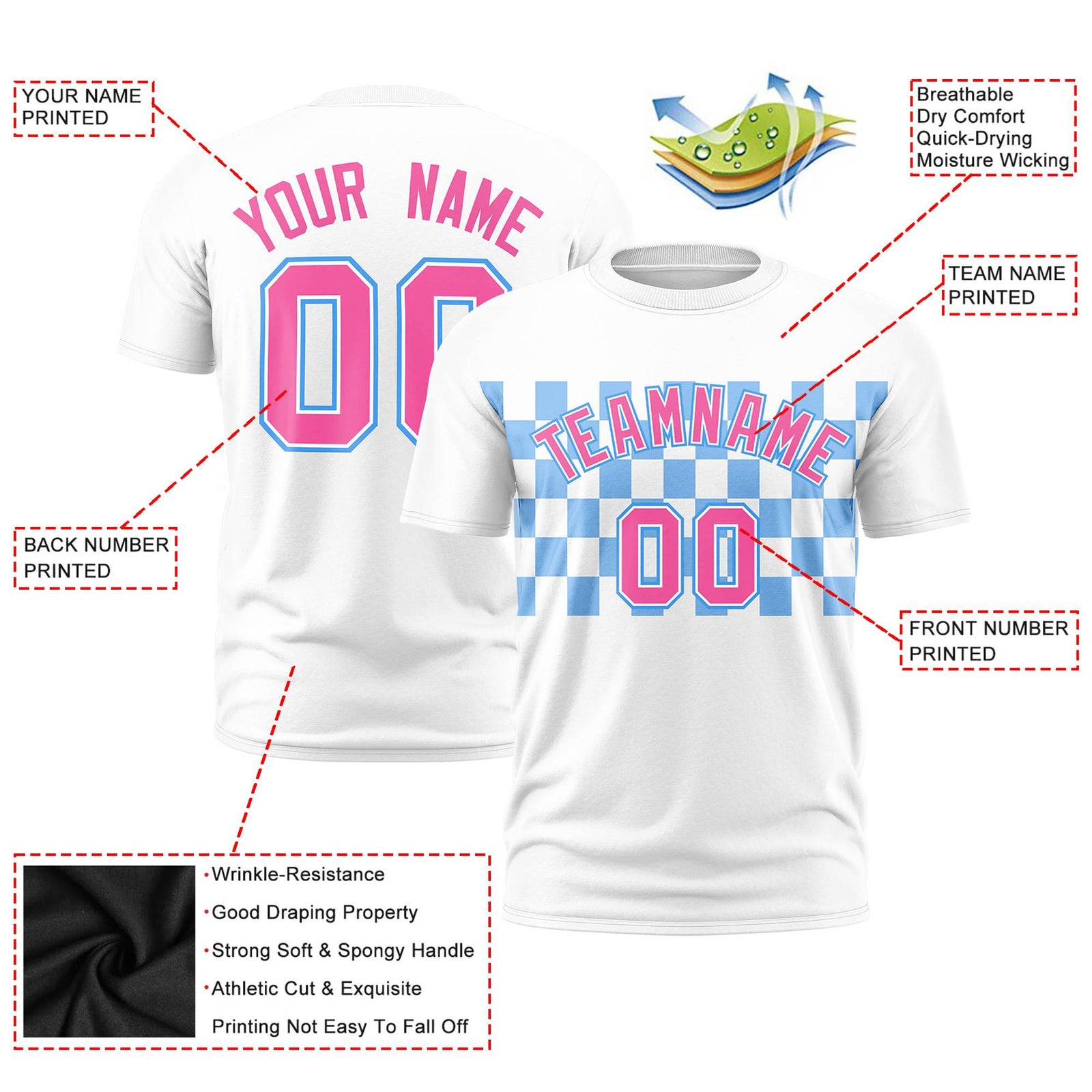 Custom White Powder Blue Crew neck Plaid Pattern Personalized Performance T-Shirt