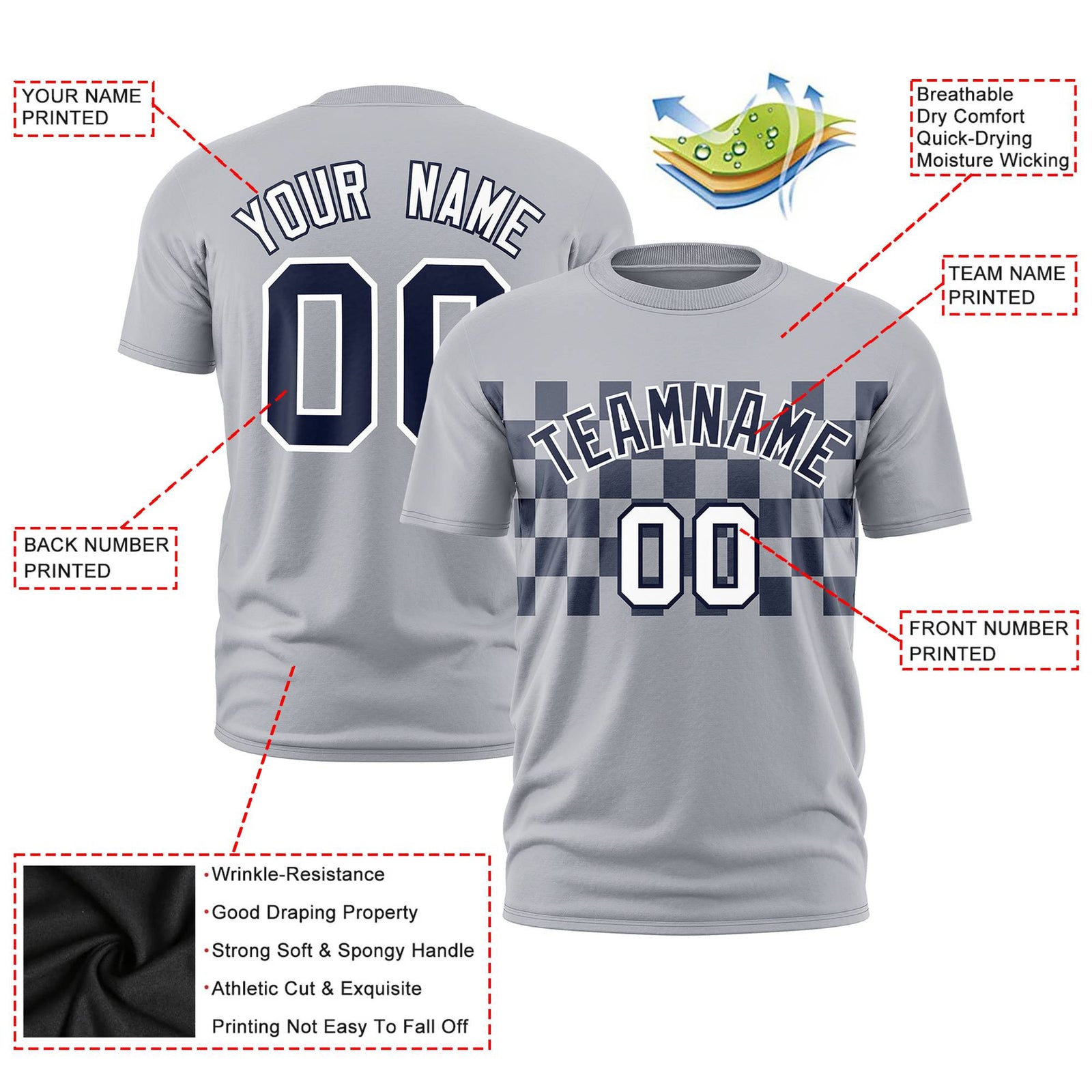 Custom Gray Navy Crew neck Plaid Pattern Personalized Performance T-Shirt