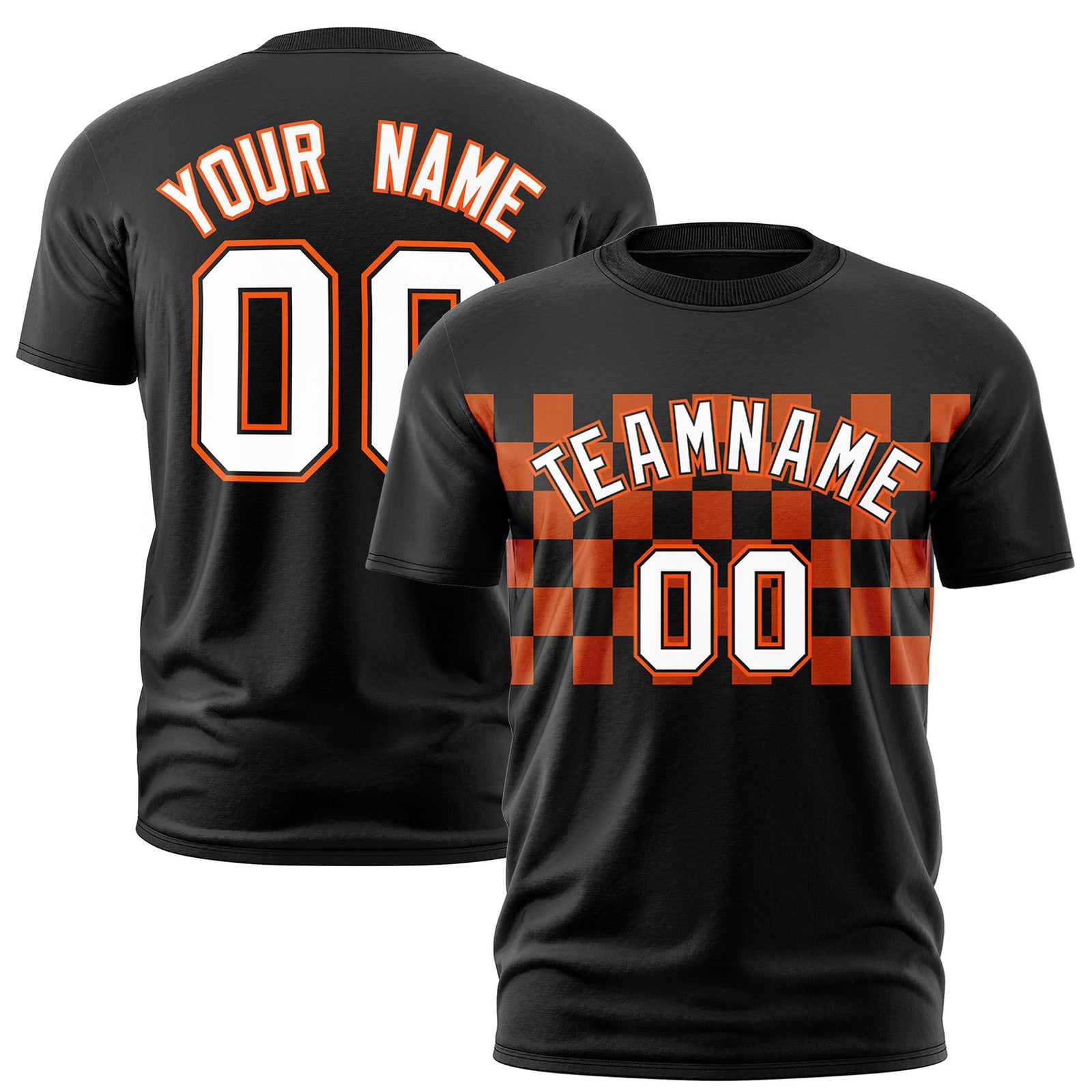 Custom Black Orange Crew neck Plaid Pattern Personalized Performance T-Shirt