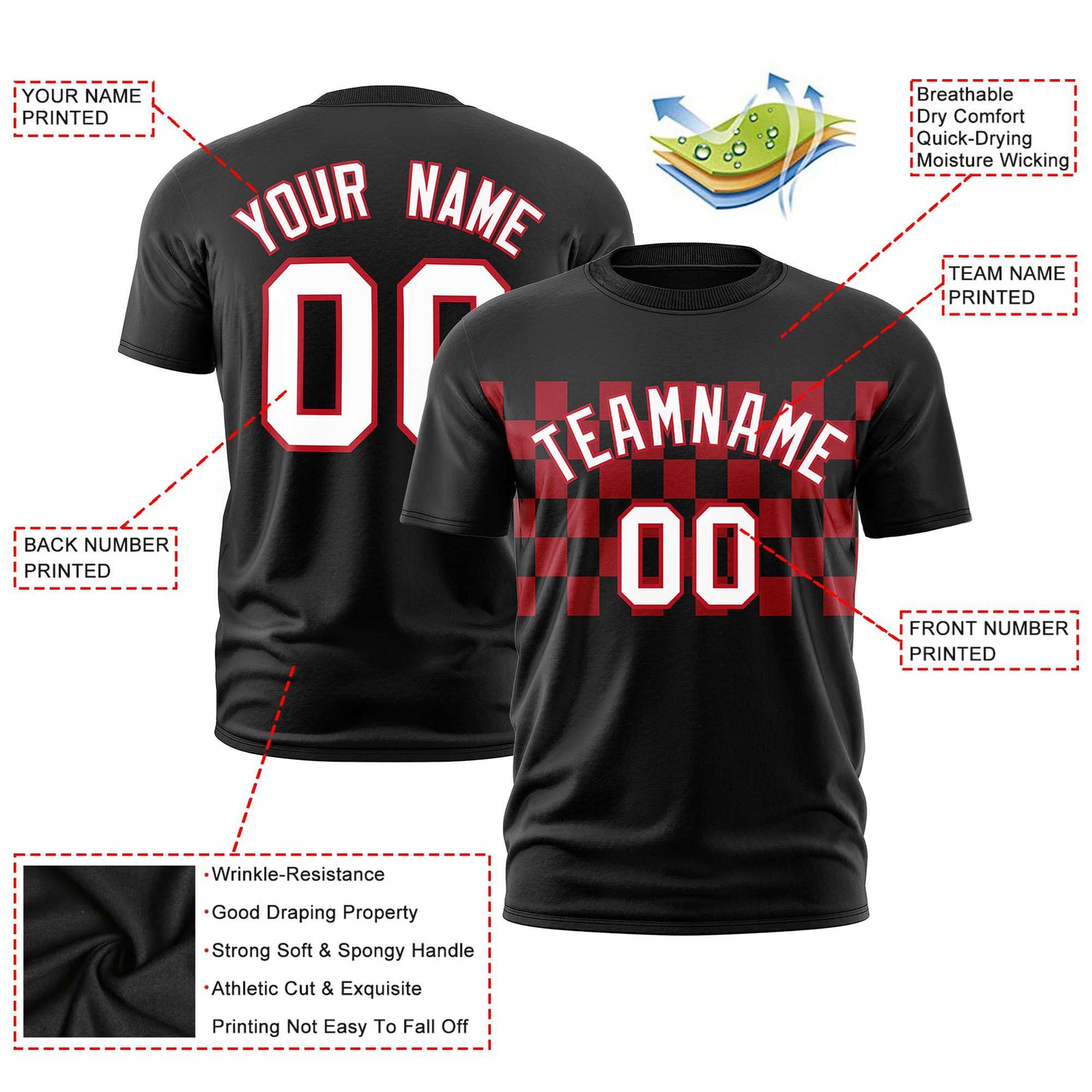 Custom Black Red Crew neck Plaid Pattern Personalized Performance T-Shirt