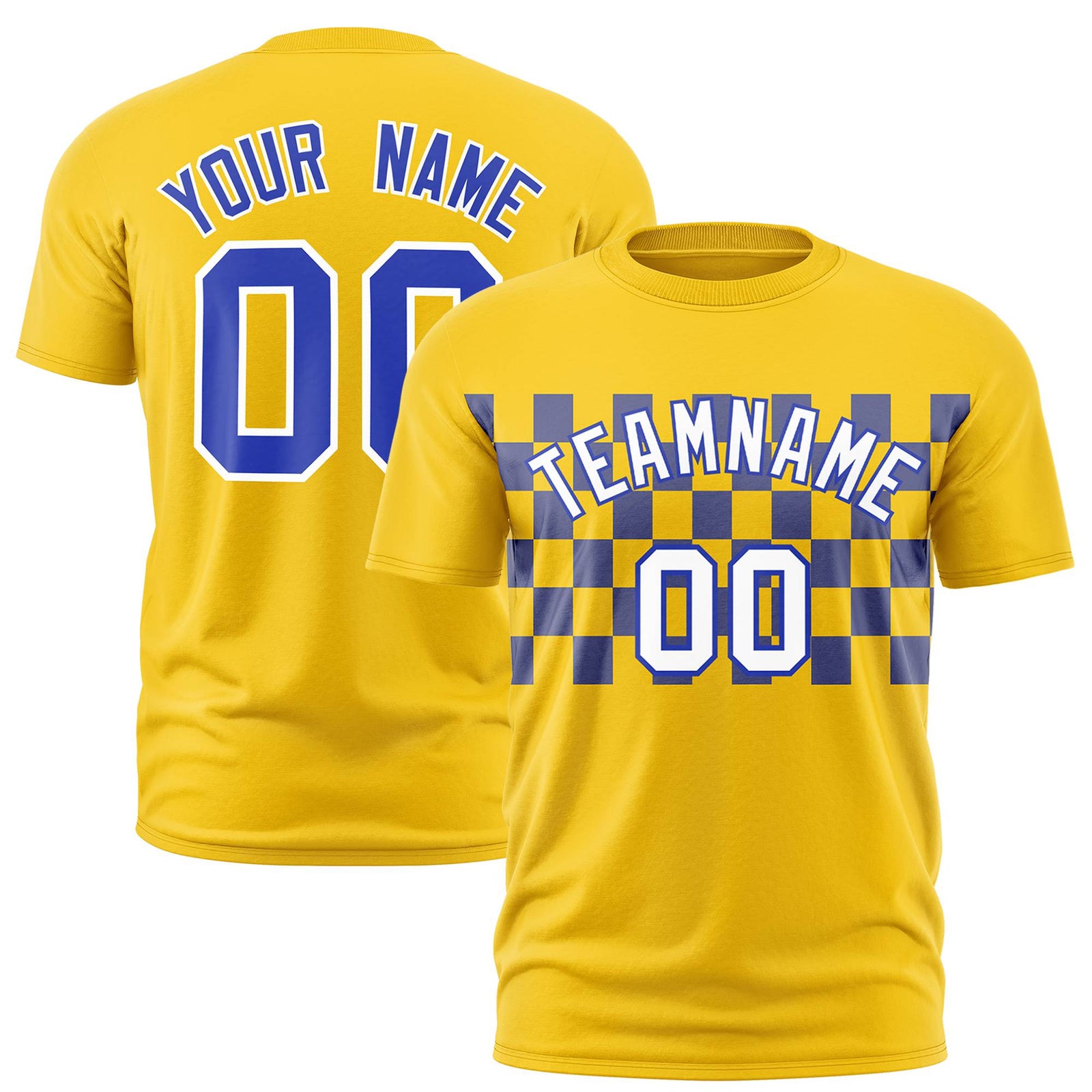 Custom Gold-01 Royal Blue Crew neck Plaid Pattern Personalized Performance T-Shirt