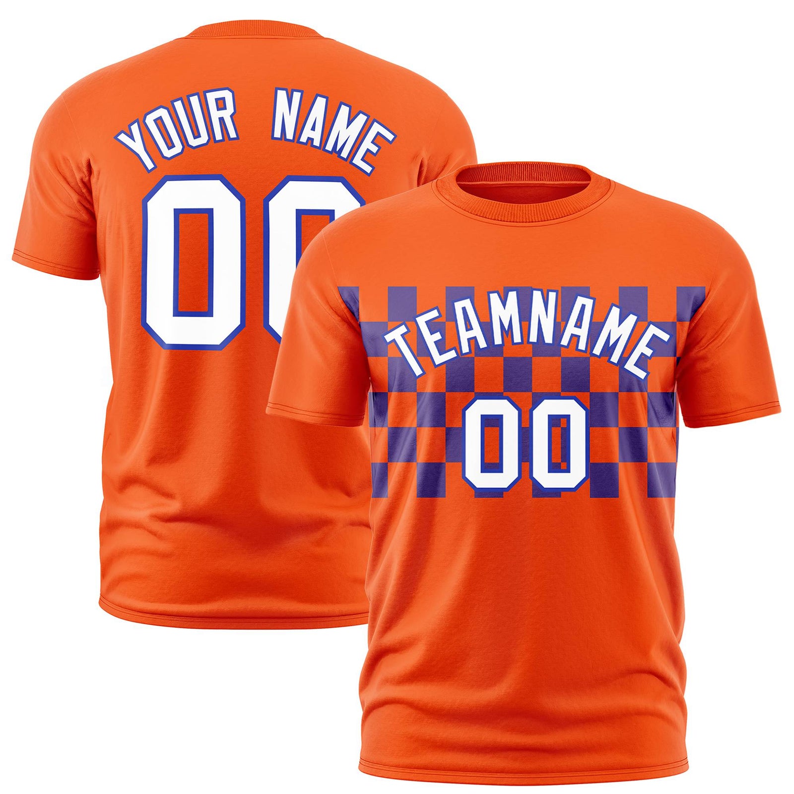 Custom Orange Purple Crew neck Plaid Pattern Personalized Performance T-Shirt