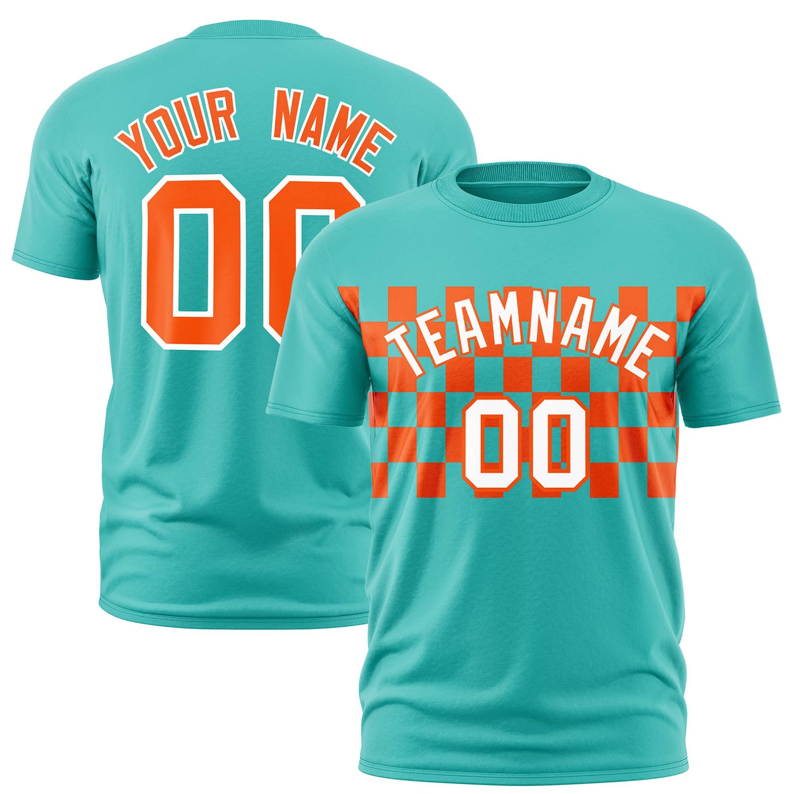 Custom Teal Orange Crew neck Plaid Pattern Personalized Performance T-Shirt