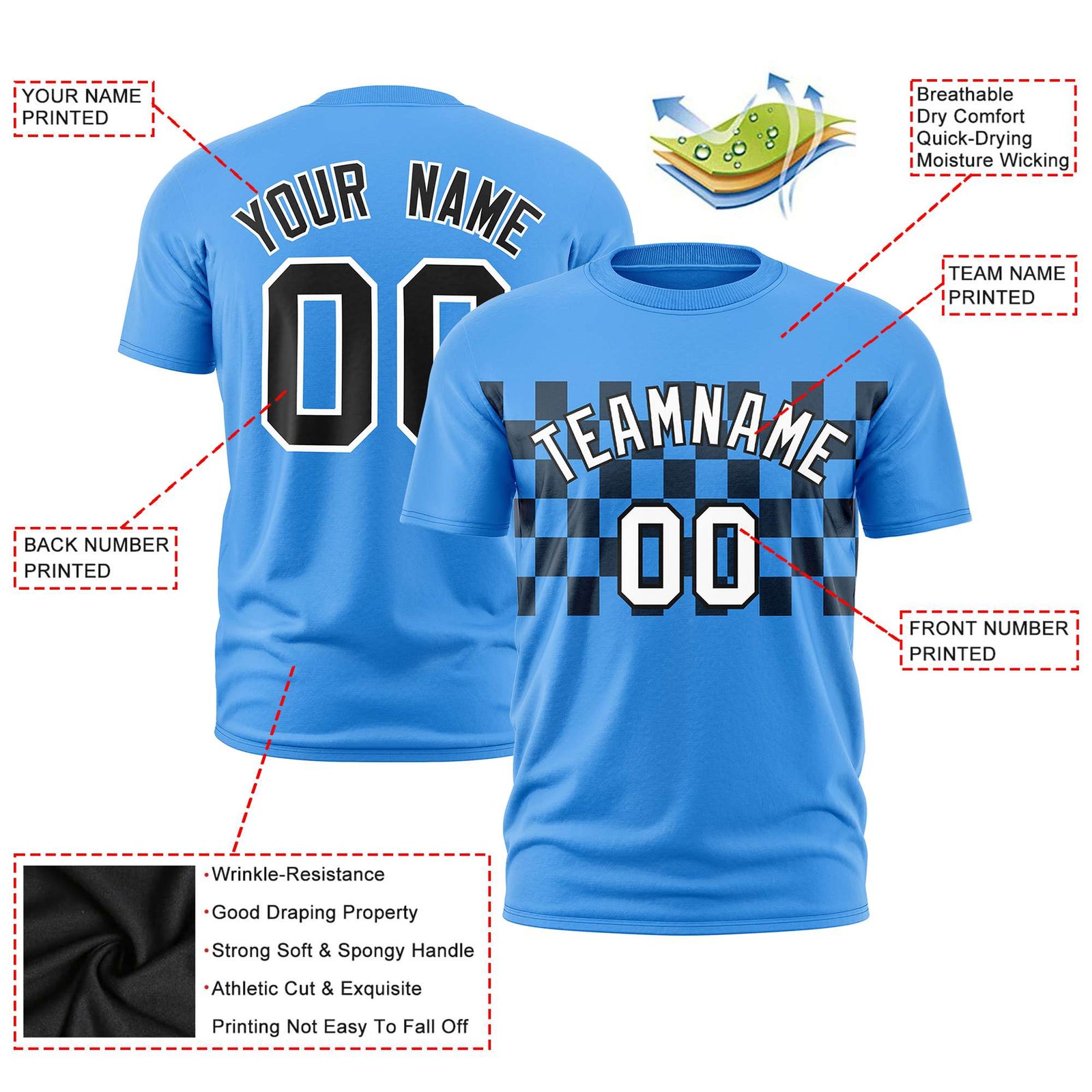 Custom Powder Blue Black Crew neck Plaid Pattern Personalized Performance T-Shirt