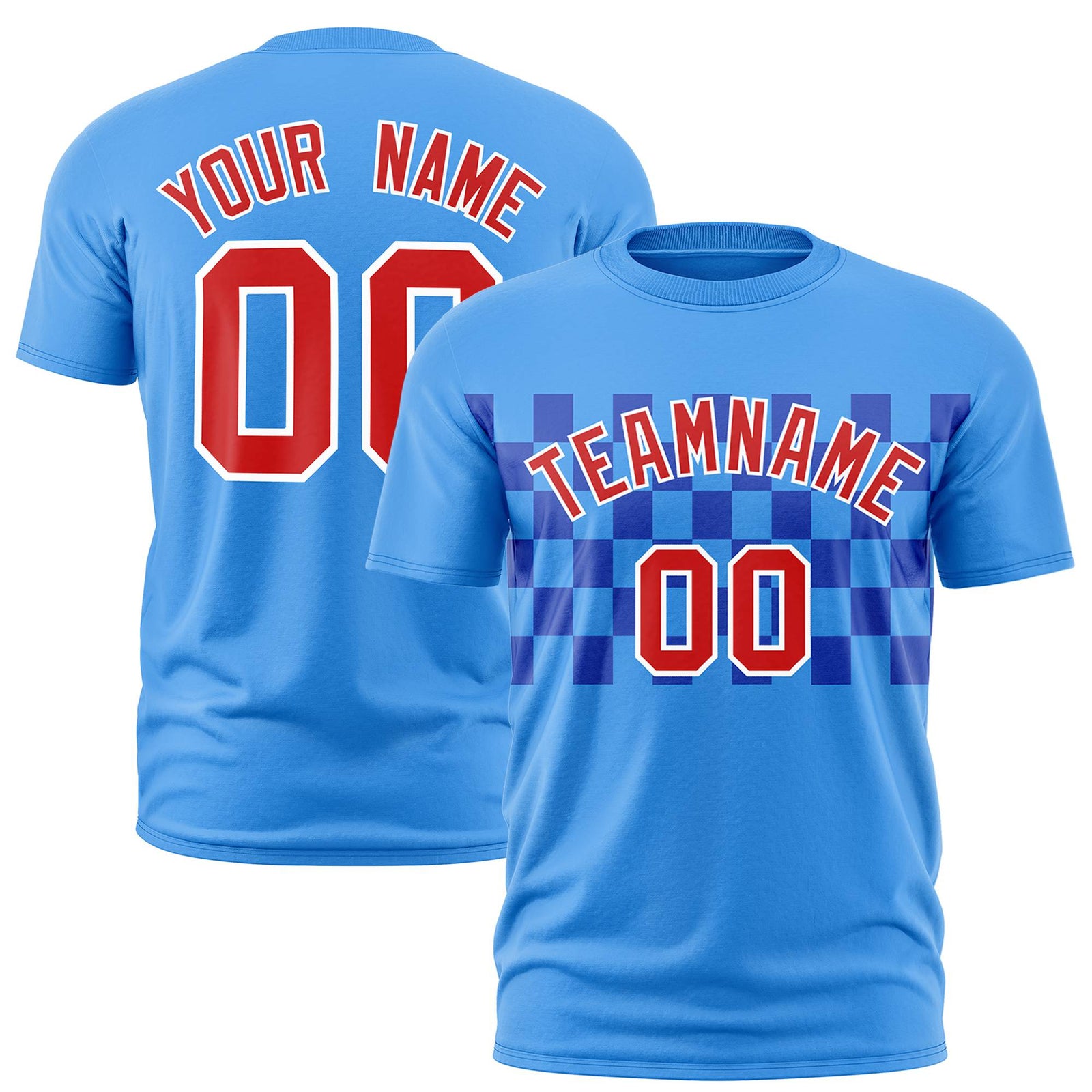 Custom Powder Blue Red Crew neck Plaid Pattern Personalized Performance T-Shirt