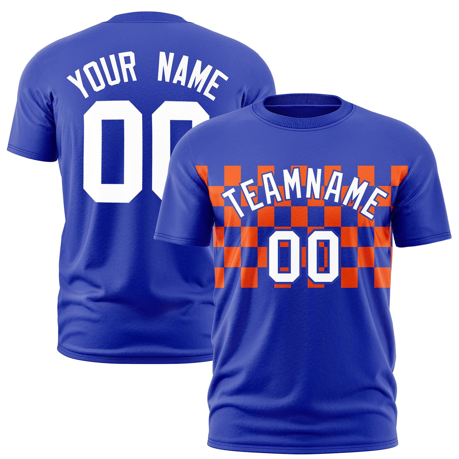 Custom Royal Blue Orange Crew neck Plaid Pattern Personalized Performance T-Shirt