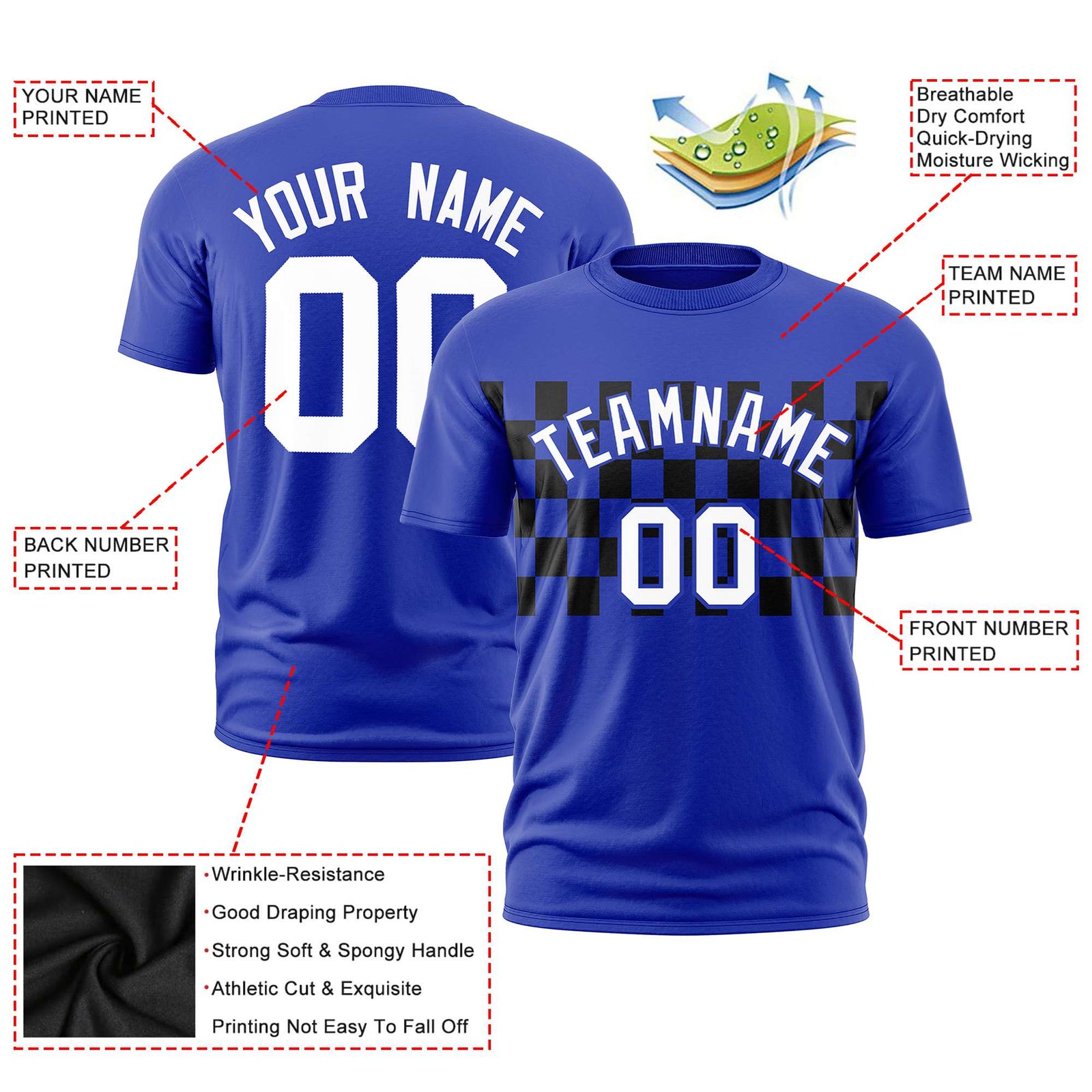 Custom Royal Blue Black Crew neck Plaid Pattern Personalized Performance T-Shirt
