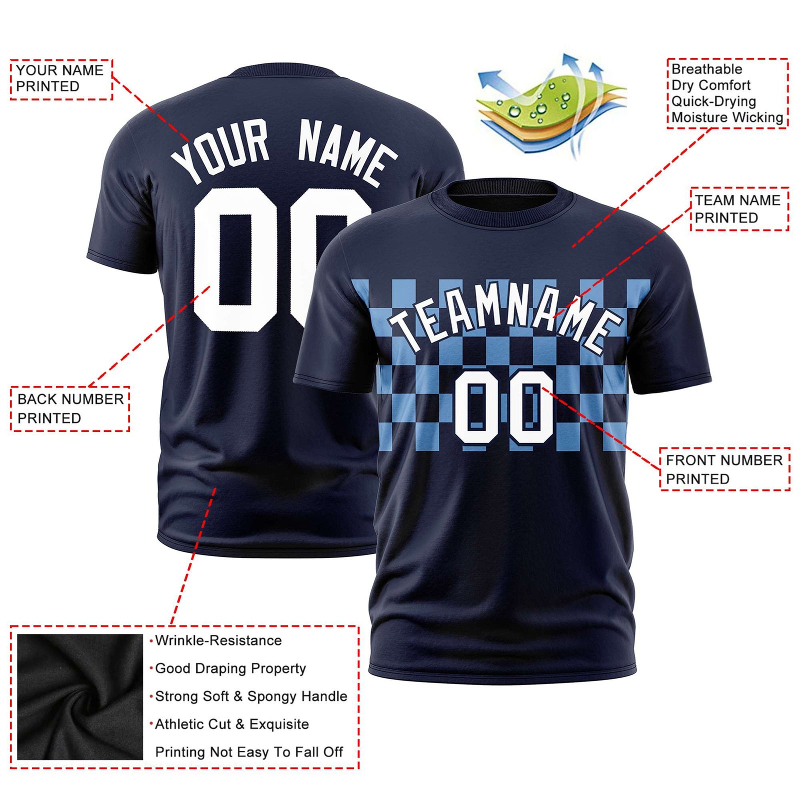 Custom Navy Powder Blue Crew neck Plaid Pattern Personalized Performance T-Shirt