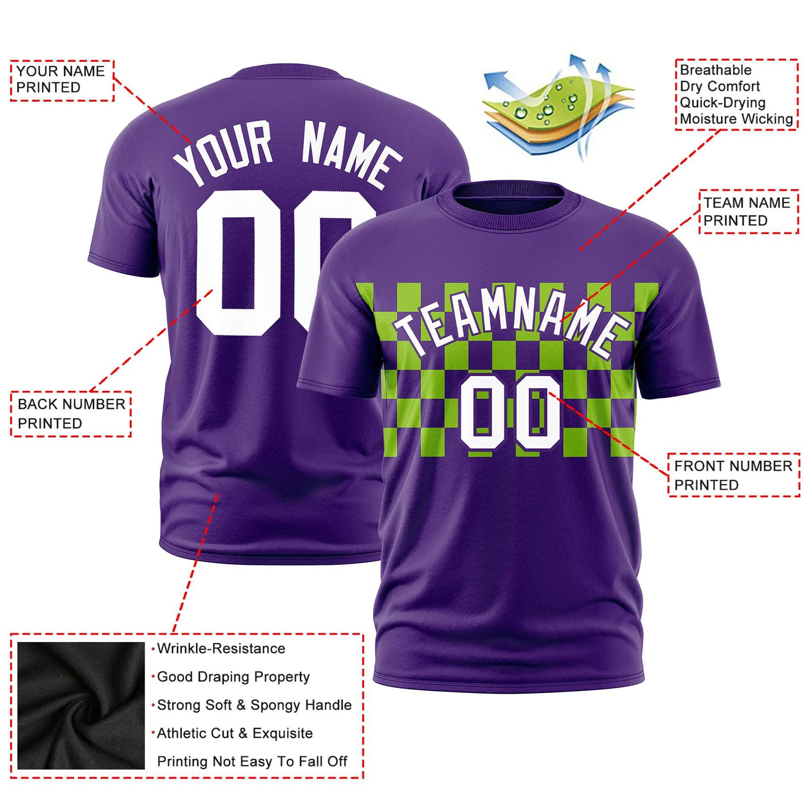 Custom Purple Neon Green Crew neck Plaid Pattern Personalized Performance T-Shirt