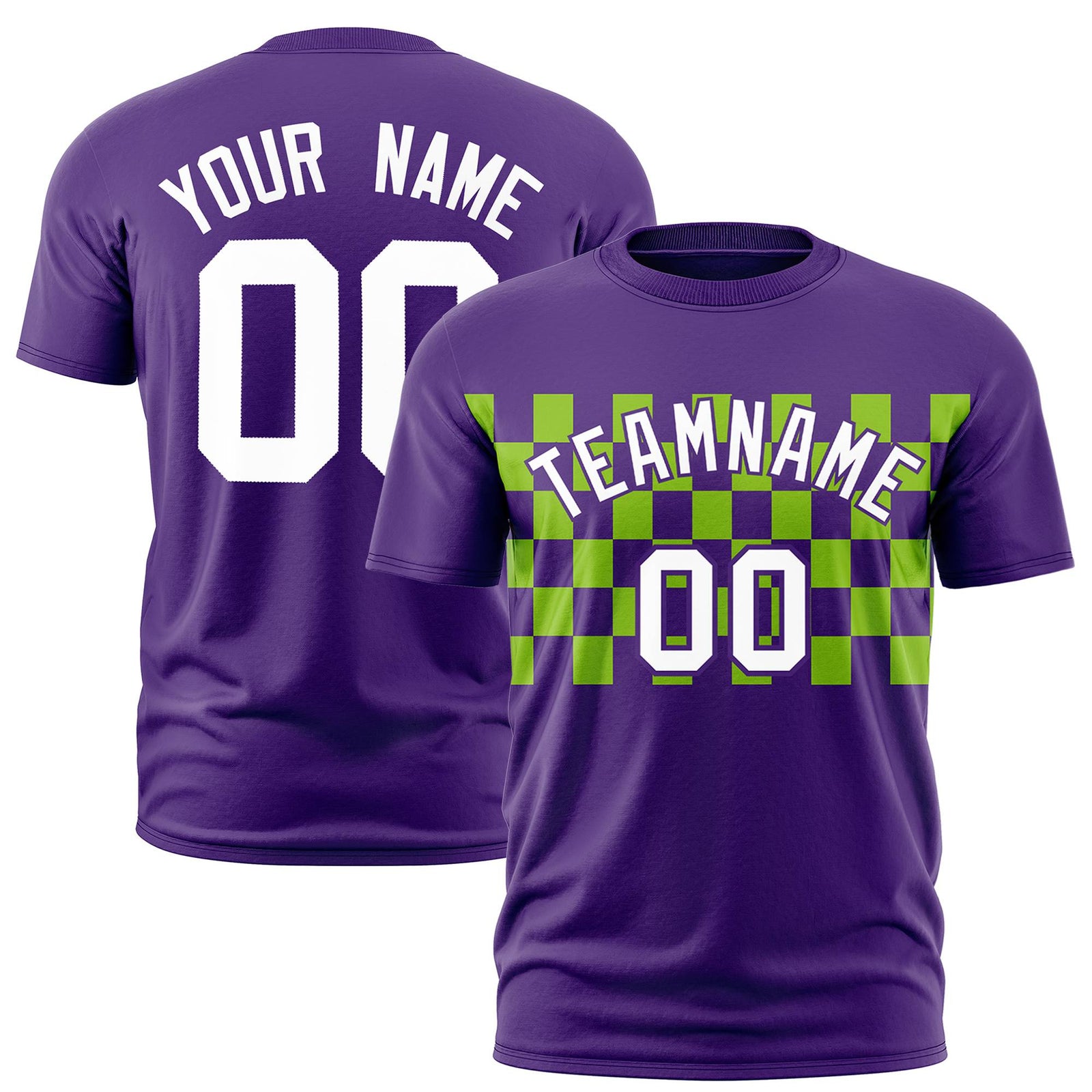 Custom Purple Neon Green Crew neck Plaid Pattern Personalized Performance T-Shirt