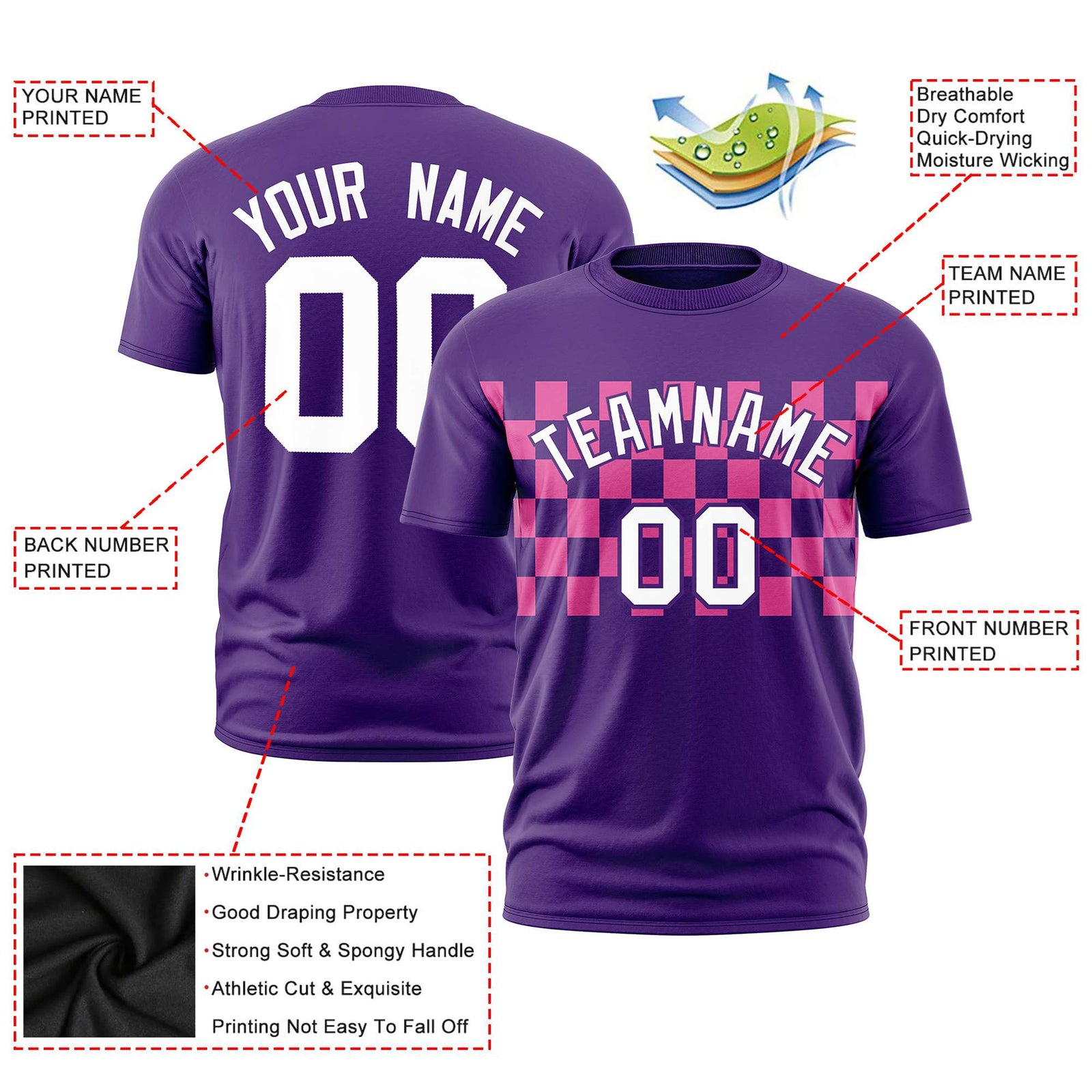 Custom Purple Pink Crew neck Plaid Pattern Personalized Performance T-Shirt