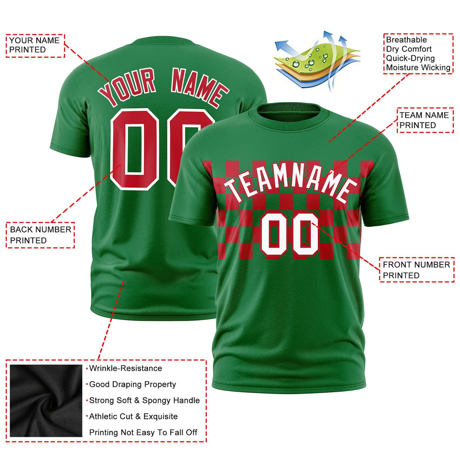 Custom Kelly Green Red Crew neck Plaid Pattern Personalized Performance T-Shirt