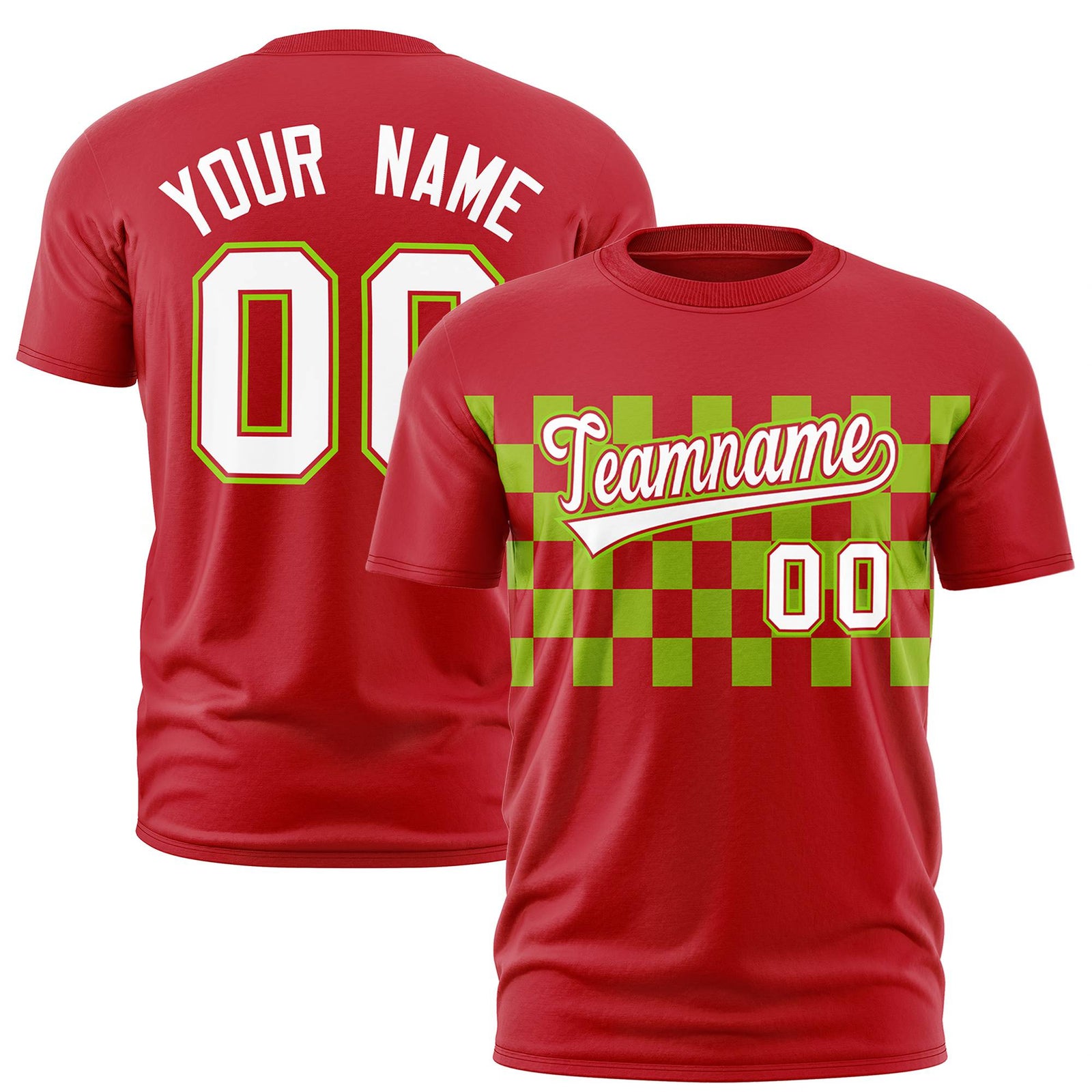 Custom Red Neon Green Crew neck Plaid Pattern Personalized Performance T-Shirt